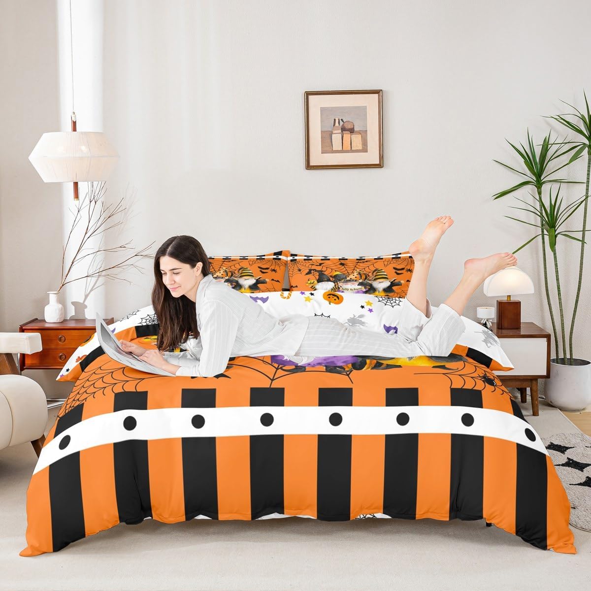 Halloween Gnomes Duvet Cover Set Twin Size, Black Spider Web Bats Comforter Cover with 1 Pillowcase, Cute Pumpkin Lantern Bedding Set for Kids Boy Girls Teen Lightweight Bedspread Cover,No Comforter