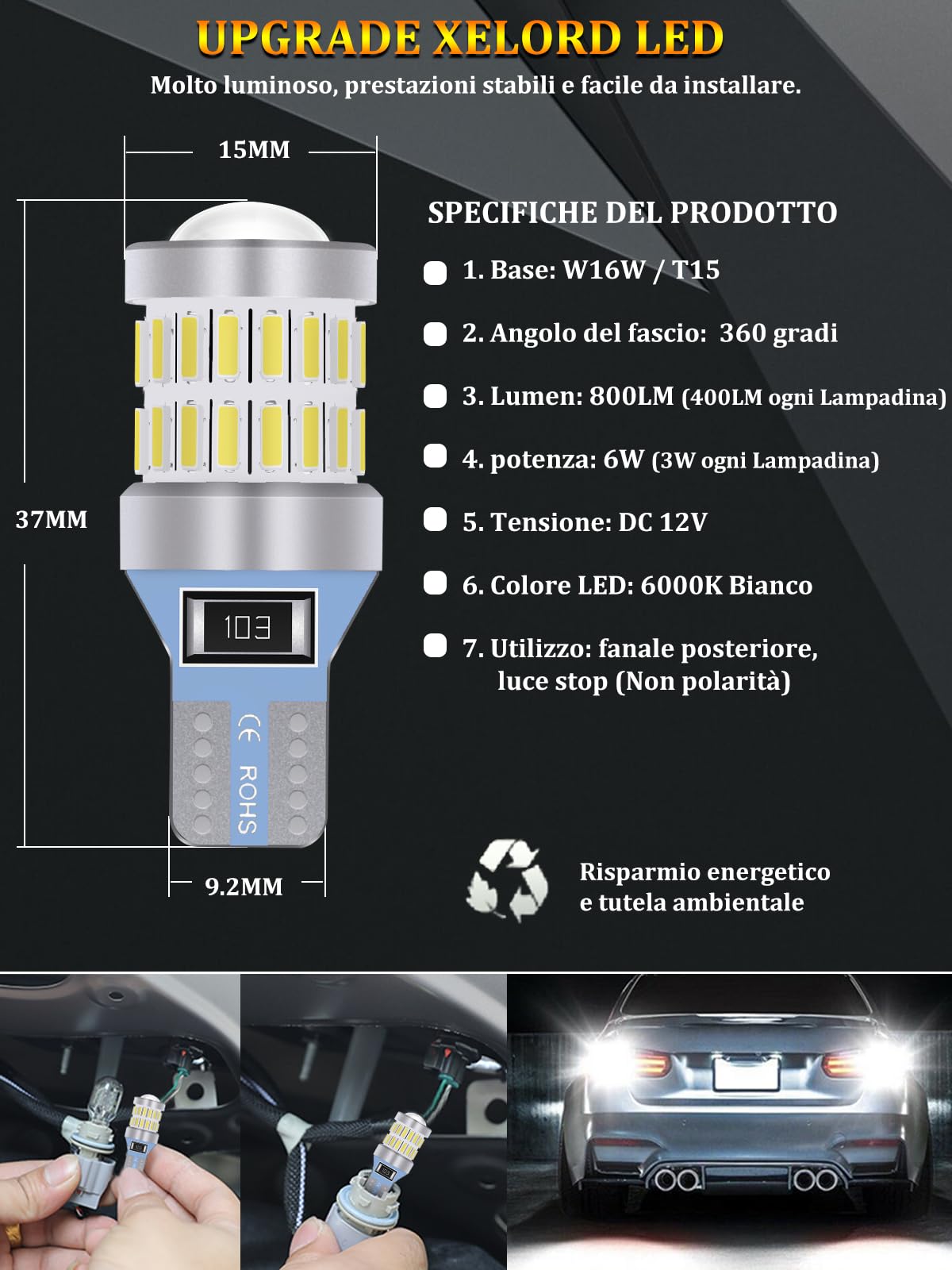 Ampoules Sans Polarité Ampoules LED T15 W16W XELORD Pour Feux De Recul - 12V 6000K Blanc Froid - Pack De 2 - 360° Sans Polarité Ampoule Led T15 W16w