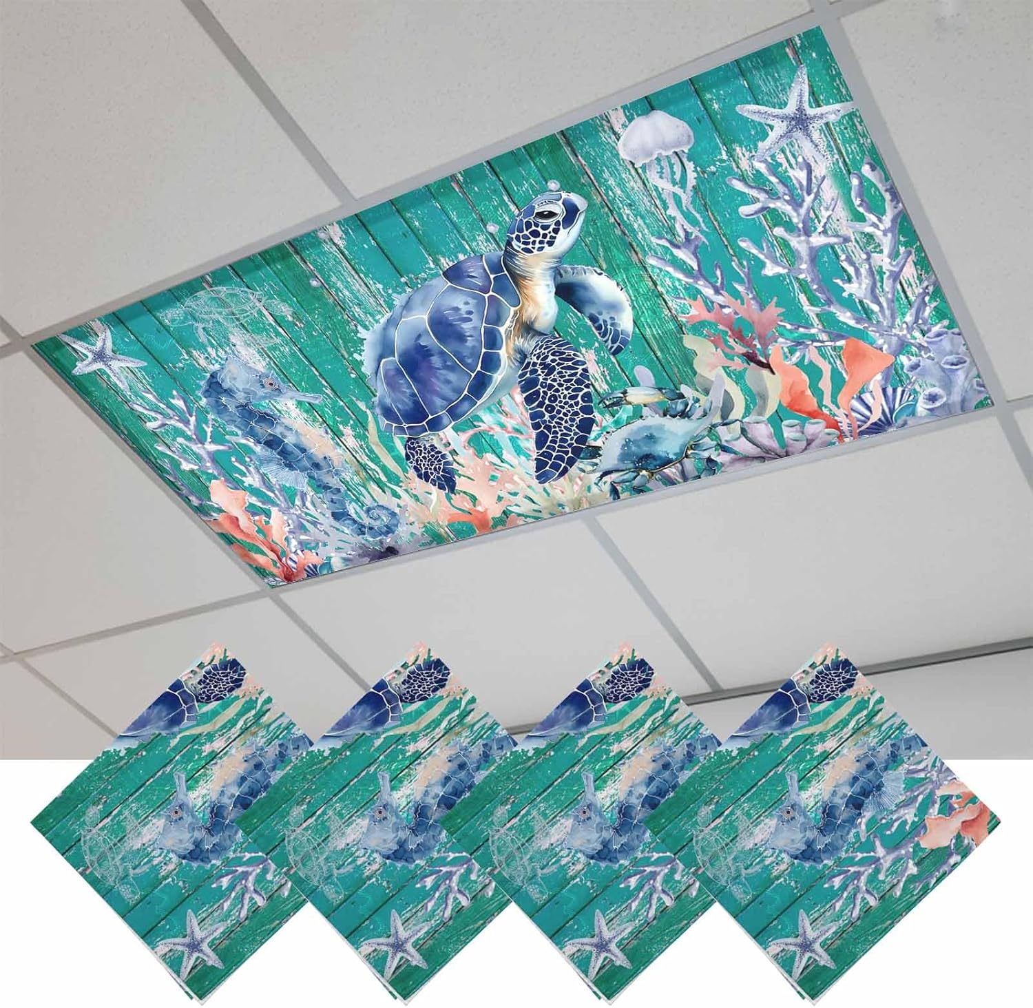 Ocean Turtle Fluorescent Light Covers for Ceiling Lights 4x2 feet,4 Pack Magnetic Light Filters for Classroom,Coastal Seahorse Jellyfish Coral Wood Green Fluorescent Lamp Shade Panel for Office School