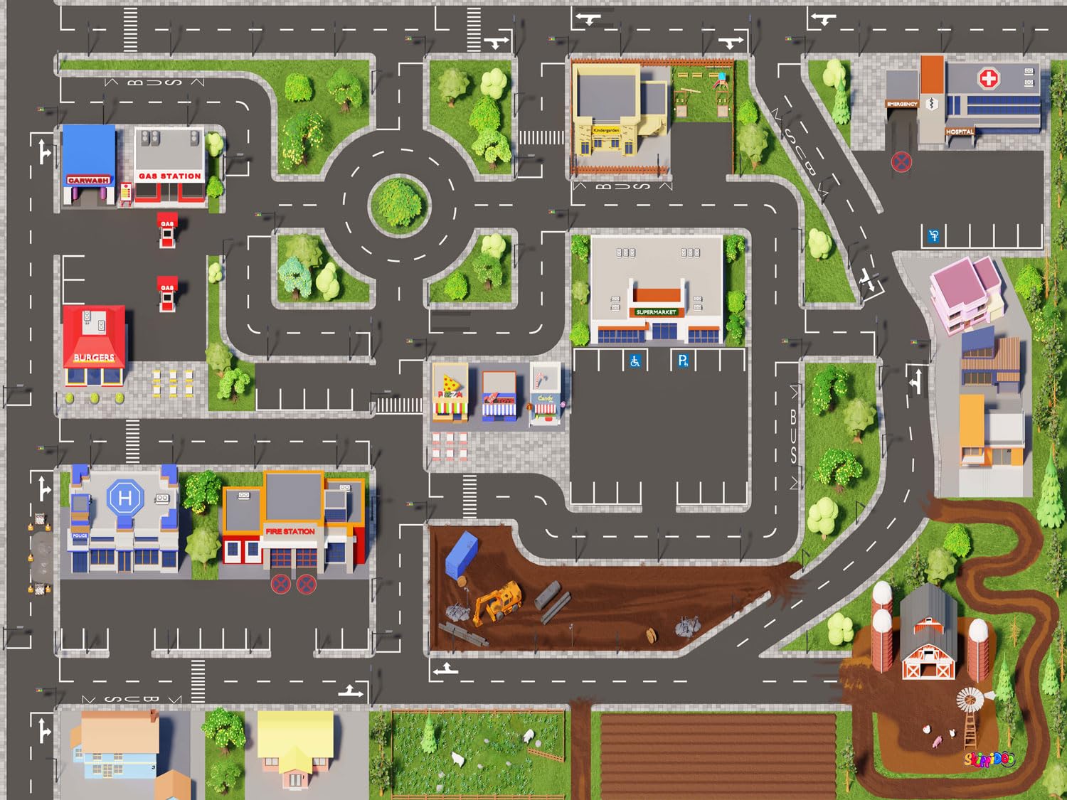 SkippiDoo Kinder Spielteppich Straße & Auto (160x120 cm) - abwaschbar, rutschfest & OEKOTEX-zertifziert - Teppich Jungen & Mädchen Kinderzimmer - Kinderteppich, Autoteppich, Straßenteppich