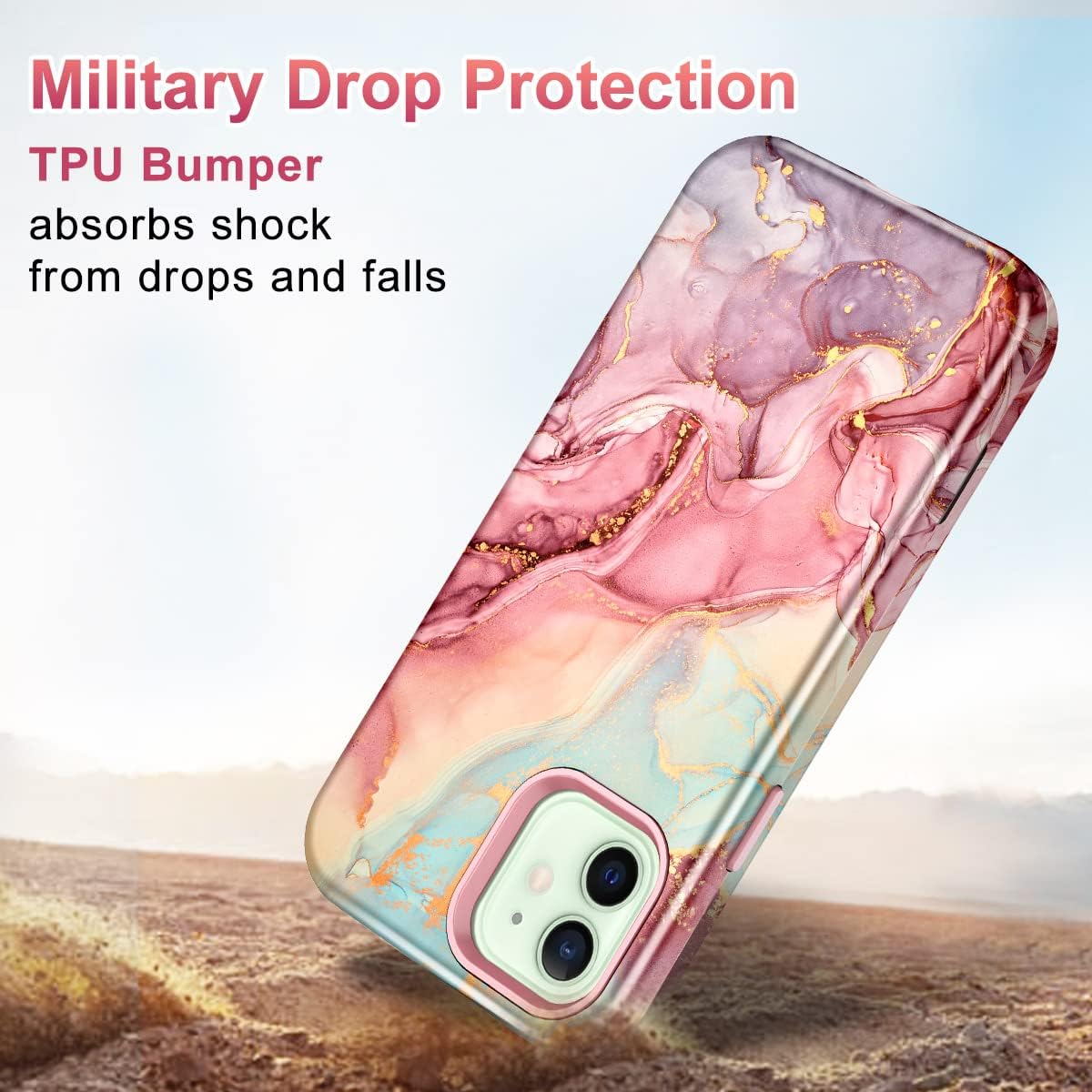 Btscase for iPhone 12 Case/iPhone 12 Pro Case, Heavy Duty Three Layer Marble Shockproof Full Body Rugged Hard PC+Soft TPU Bumper Drop Protection Women Girls Cover for iPhone 12/12 Pro, Rose Gold - Image 3