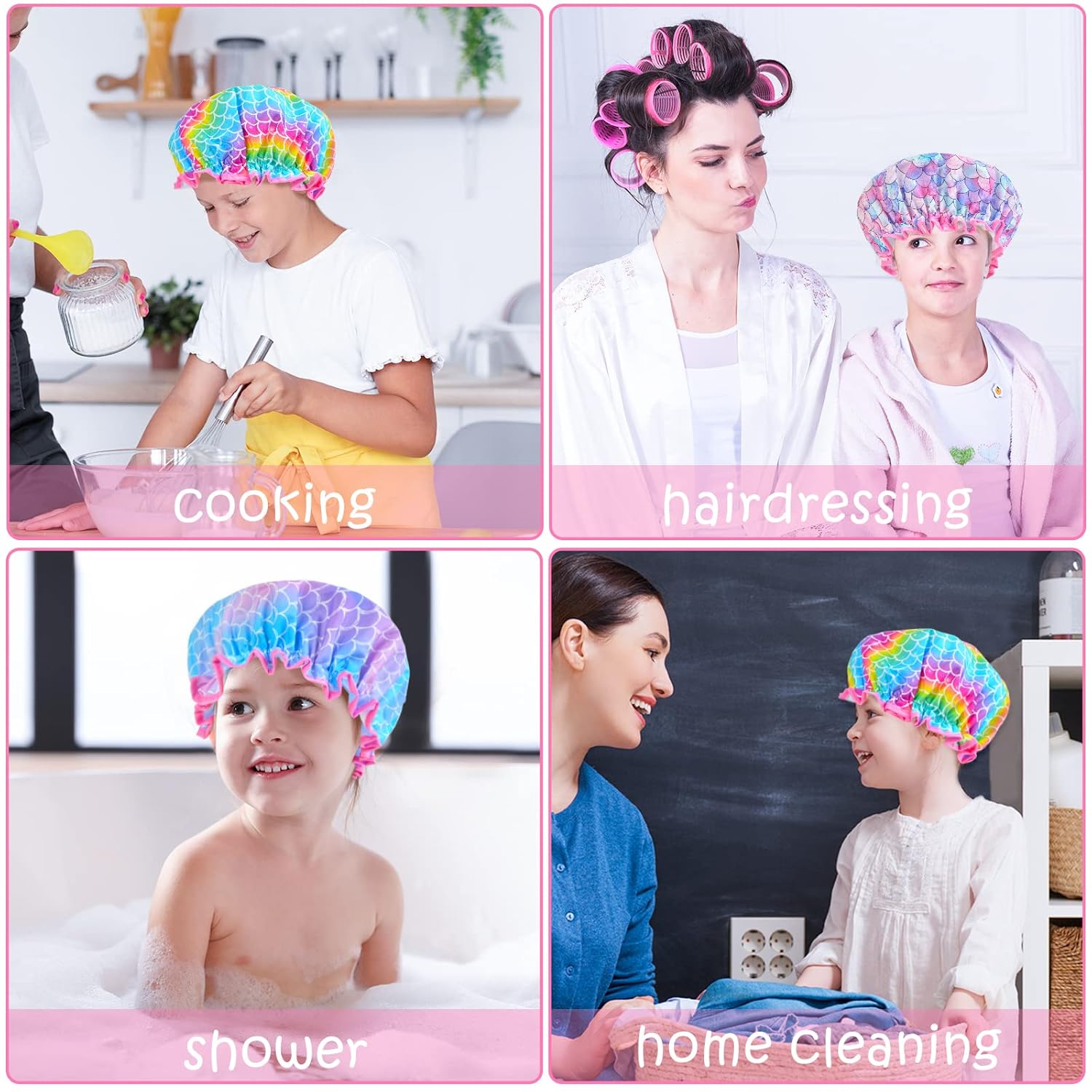 Olypegic Kids Shower Cap, 3 Pcs Girls Shower Cap for Kids Reusable Waterproof Adjustable Large Hair Cap Unicorn Mermaid Rainbow Cute Hair Cover Hat