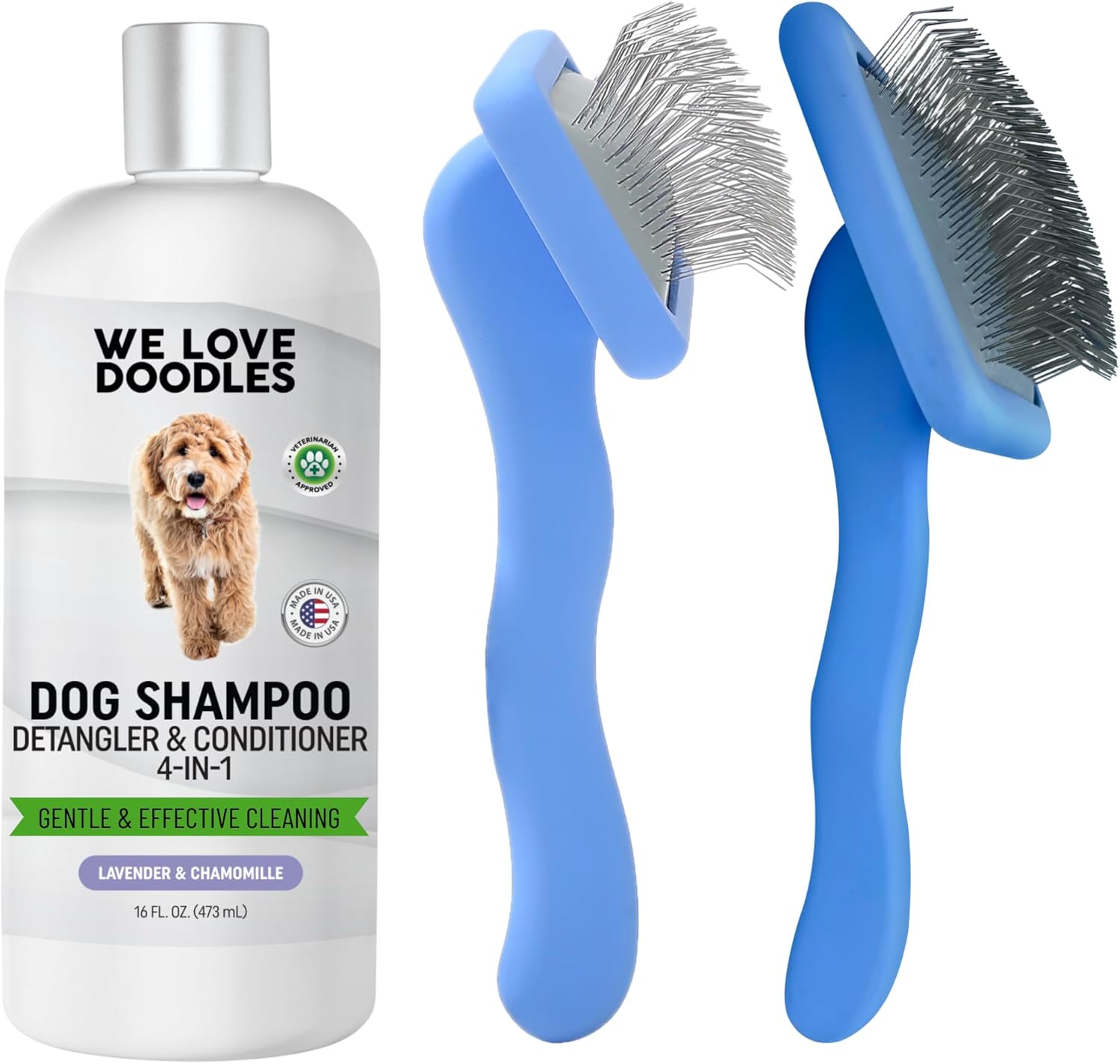 We Love Doodles Large & Small Dog Slicker Brush & Dog Shampoo - Goldendoodle Slicker Brush & Goldendoodle Shampoo - Doodle Grooming Kit - Doodle Slicker Brush and Doodle Shampoo