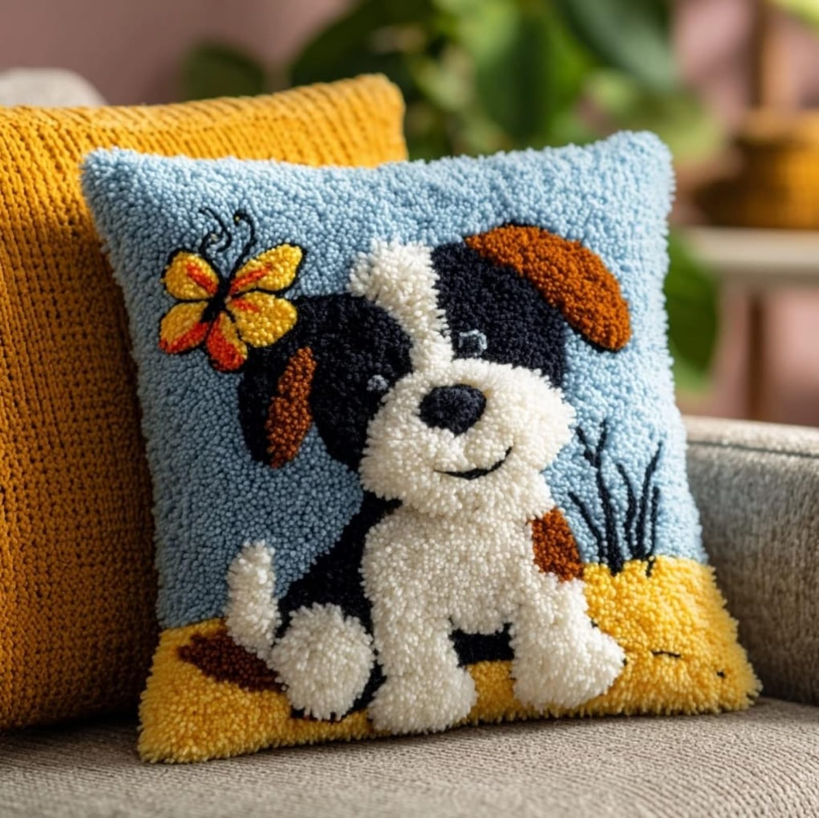 Wallustrioaw Dog And Butterfly Latch Hook Cushion Kits 17X17in,