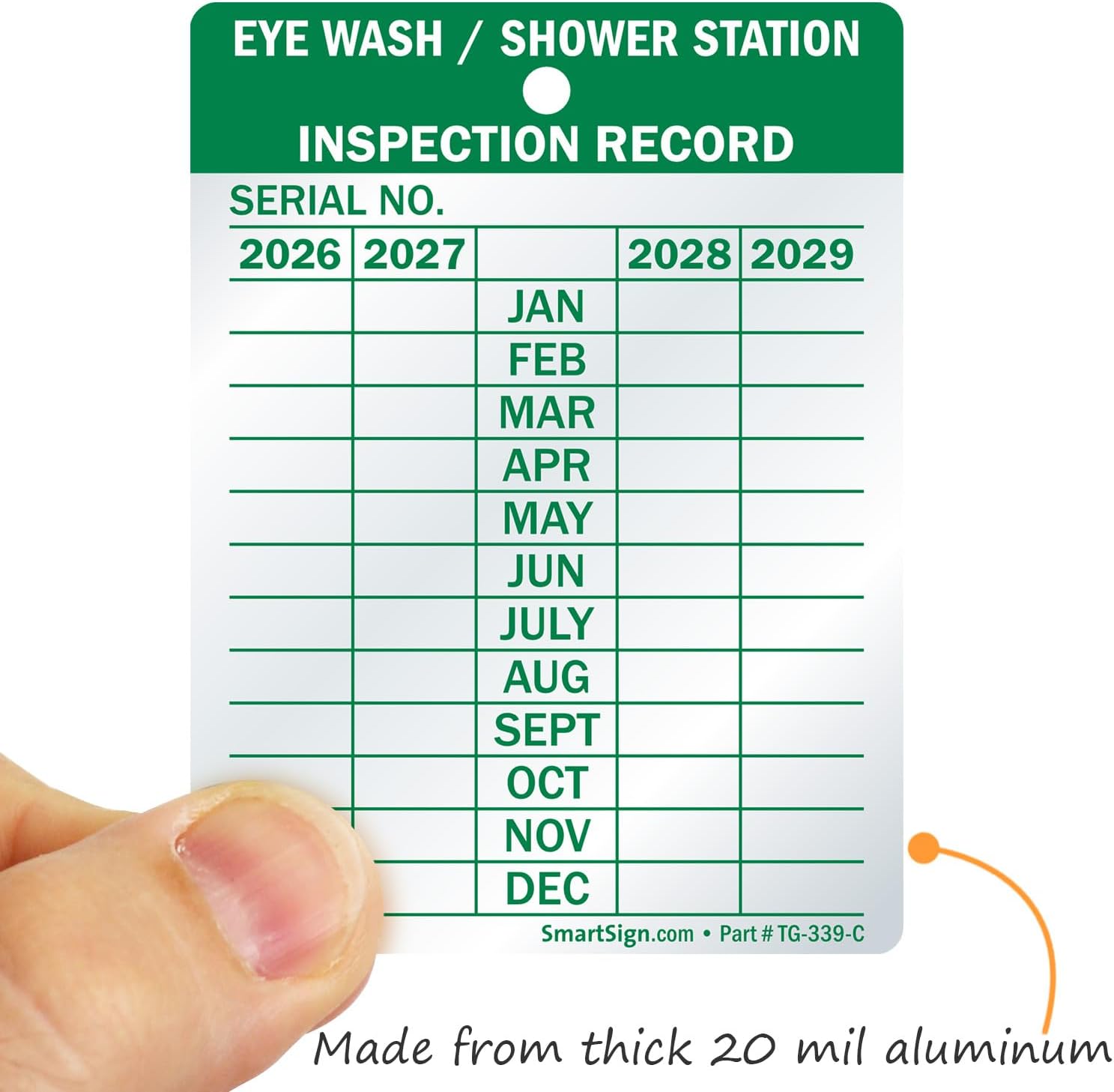 SmartSign Eye Wash/Shower Station Inspection Record, 4-Year Maintenance Write-On Tags, 3 x 2.25 inch, 20 mil Thick Heavy Duty Aluminum, Pack of 10