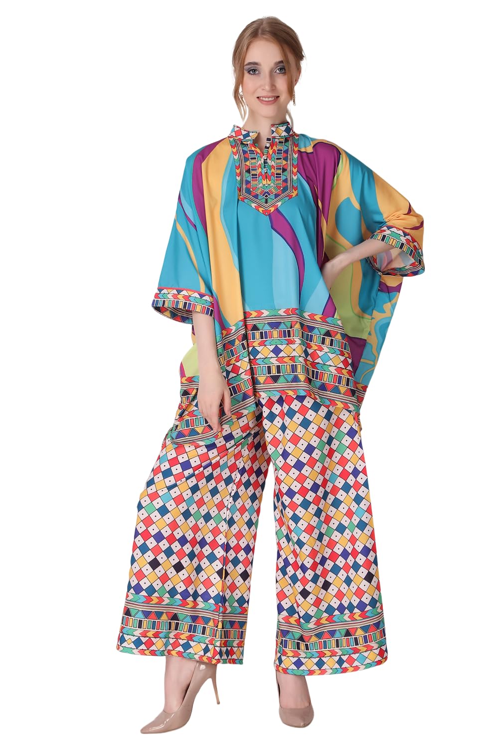 Boho Vibrance Ensemble Printed Crepe Kaftan with Bottom Pant for Women Multicolor Freesize-image-28