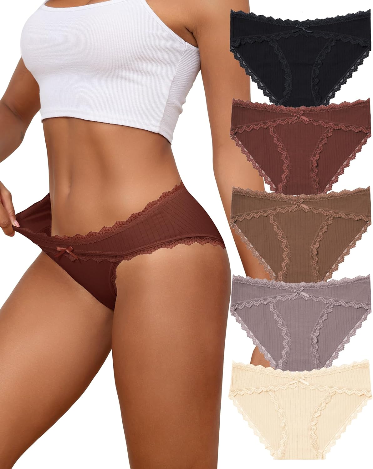 LEVAO Women's Cotton Hipster Underwear Ladies Bikini Panties with Soft Lace Trim, Full Coverage Cheeky Underpant S-2XL