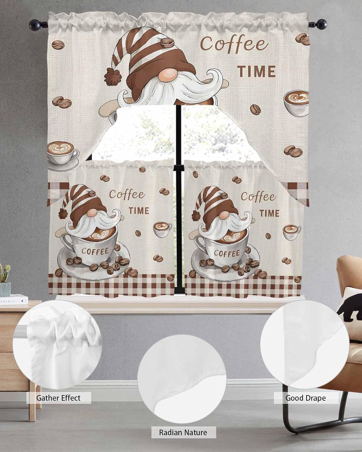 Gnomes Coffee Swag Kitchen Curtain Sets with Valance,3 Pieces Rod Pocket Curtain Drapes for Bedroom Bathroom Cafe Windows,Retro Country Rustic Brown Buffalo Plaid 56''x36''&36''x27.5''x2Panels