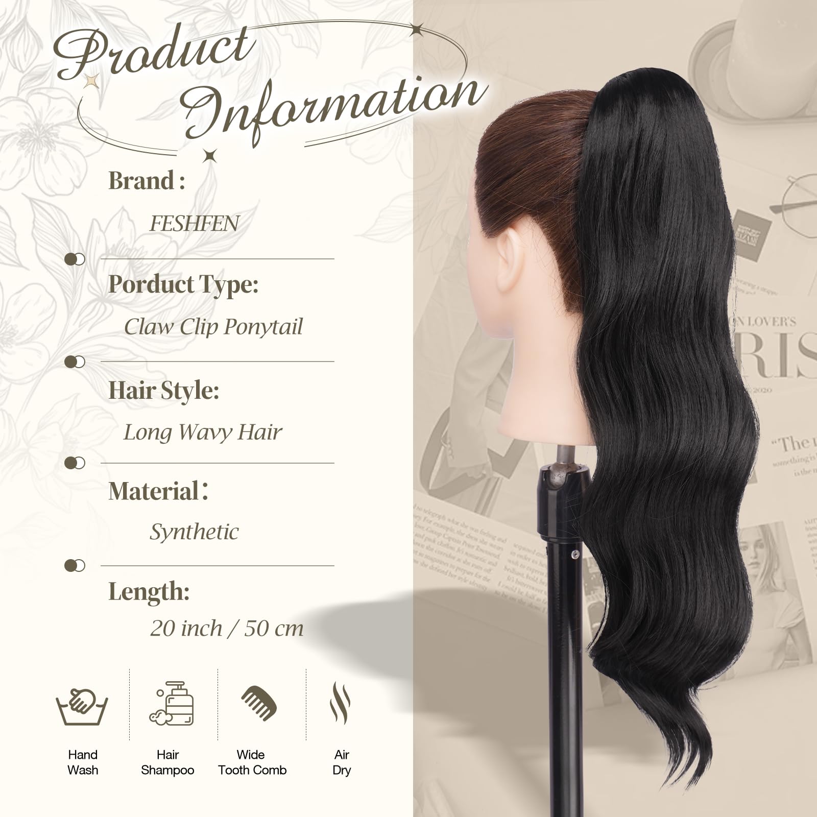 FESHFENPferdeschwanz Extensions Klammer, 50 cm Gewellt Hair Extensions für Frauen Damen Schwarz