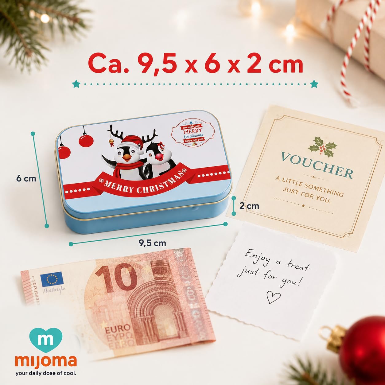 MIJOMA Set di 24 scatole di metallo natalizie, piccole scatole regalo per regali di denaro, buoni, cioccolatini e messaggi personali, confezione regalo nostalgica con coperchio ribaltabile
