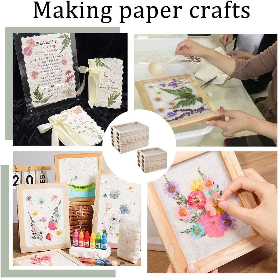NBEADS 14 Pcs 2 Styles Paper Making Frame Kit, Wooden Papermaking Mould Deckles with Mesh and Sponge Scouring Pad for DIY Paper Crafts, Inner Diameter: 4.2x3 inch/6x4.2 inch