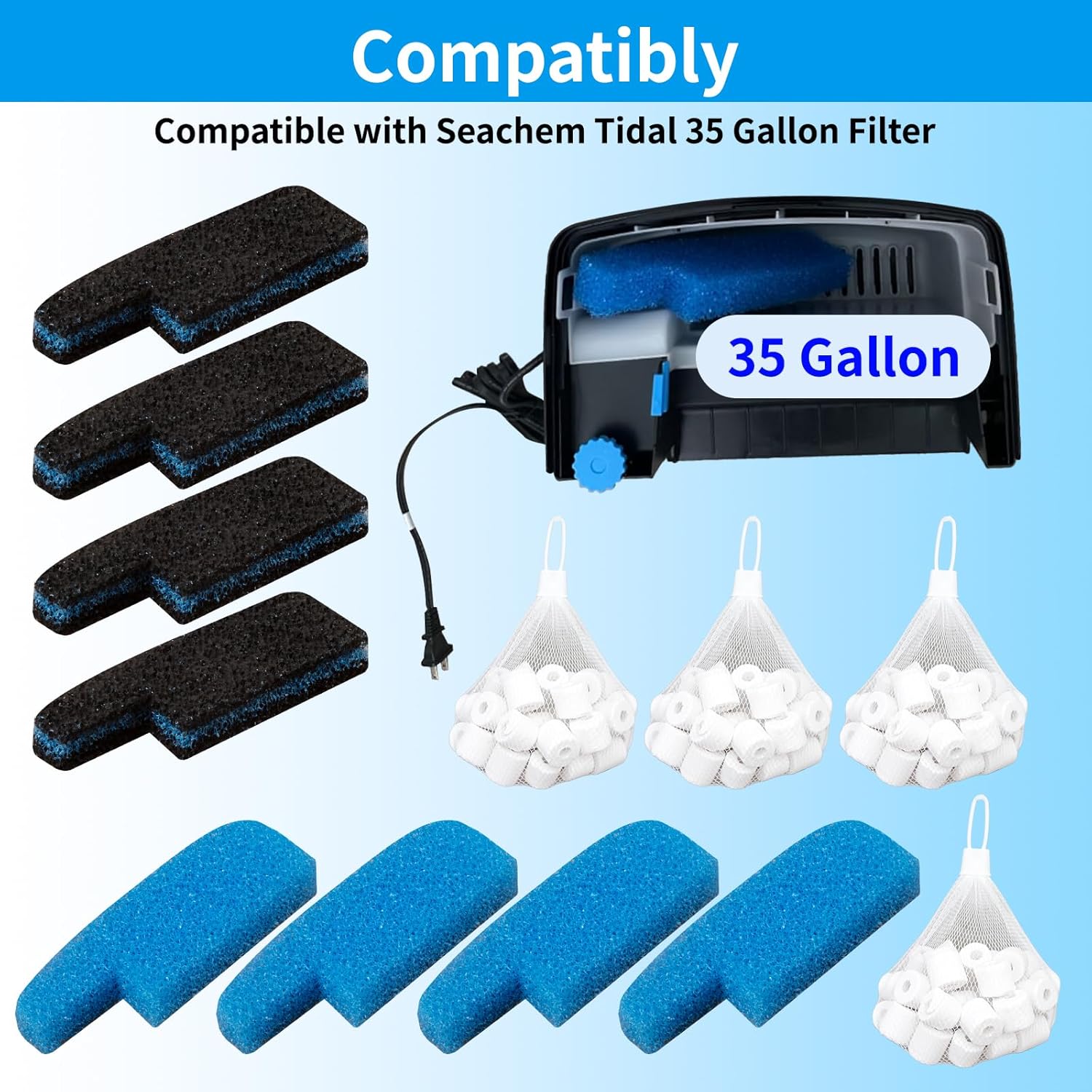 Three-Stage Filtration Tank Filter Maintenance Kit Replacement Compatible with Seachem Tidal 35 Gallon Power Filters，Aquarium Filter Media Replacement for Fish Tank Filter