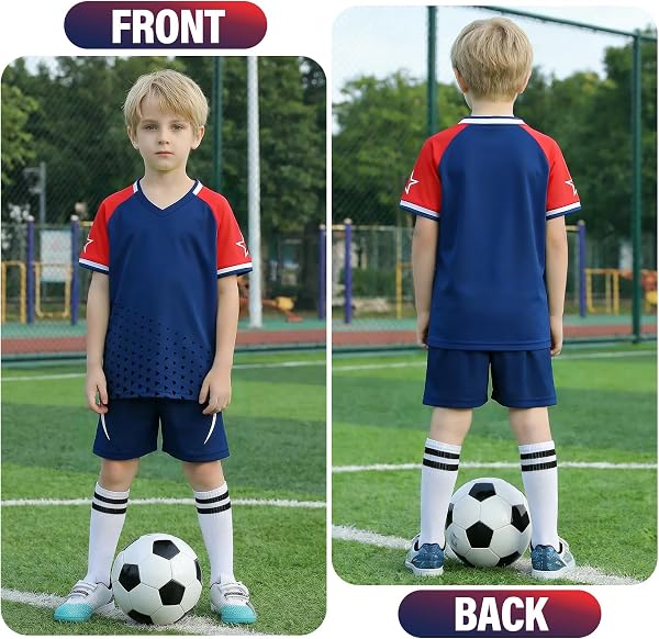Completo Calcio Bambino, Maglia e Pantaloncini Corti Traspiranti, Abbigliamento Sportivo Asciugatura Rapida per Allenamento, Tennis, Corsa e Scuola - 2