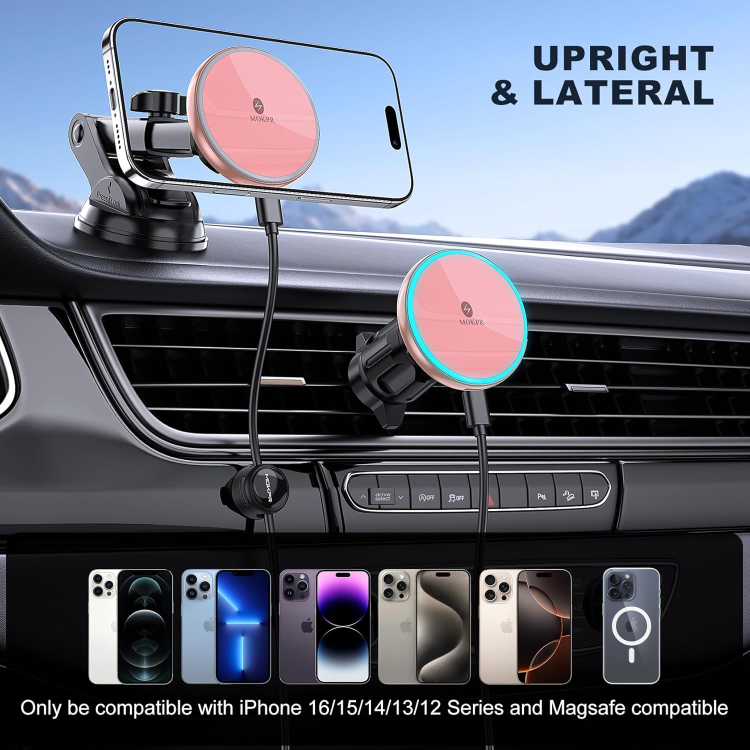 MOKPR for Mag-Safe Car Mount Charger, Magnetic Phone Holder for Your Car Charger Dash Windshield Vent Magnetic Wireless Car Charger Mount for iPhone 17 16 15 14 13 12 Pink