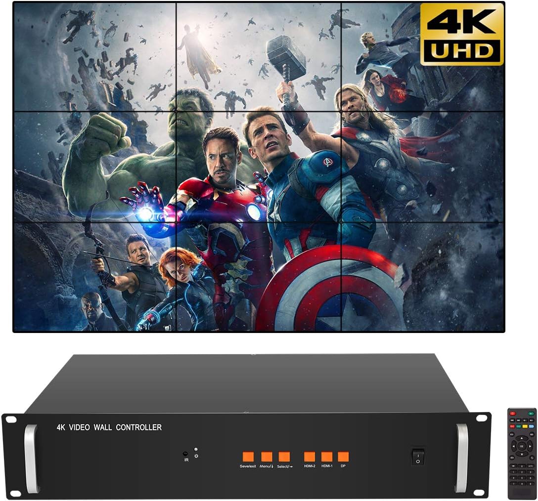 3X3 4K Video Wall Controller for 9 LCD TV Wall Splicer Support HDMI DP 3840x2160@60HZ Input Definition UHD Image Processor 1x2，1x3，2x3，3x3