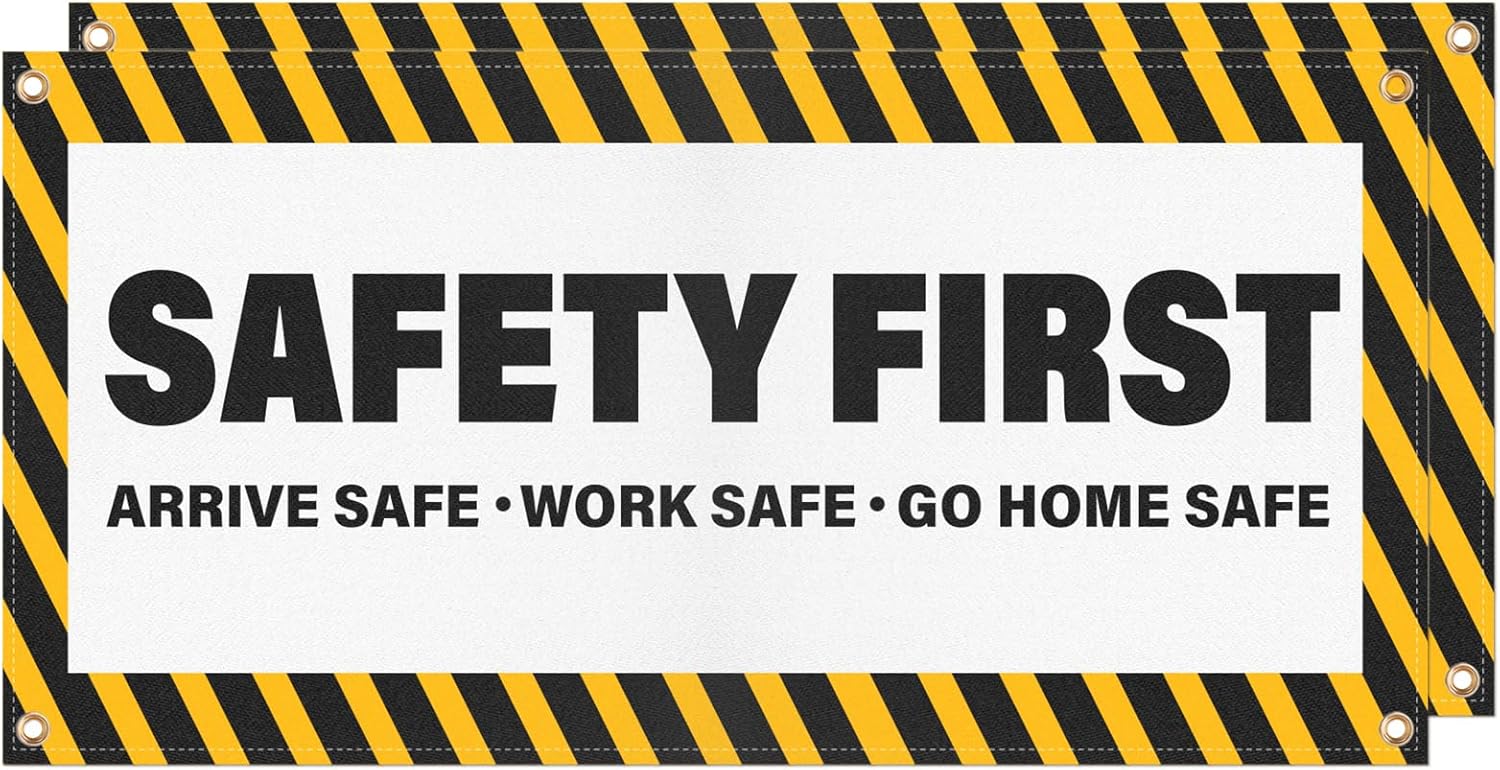 2 Pack Safety First Banners Arrive Work Go Home Safe Sign with Grommets 4 × 2 Feet Fabric Polyester Fade Resistant Caution Warning Signage for Workplace Warehouse Factory