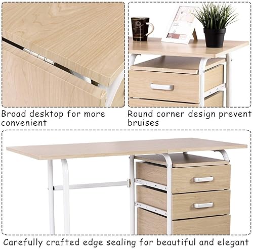 Miniatura 4 de Tangkula Escritorio plegable para computadora con ruedas, muebles de oficina en casa con 3 cajones, escritorio para laptop, mesa de escritura,