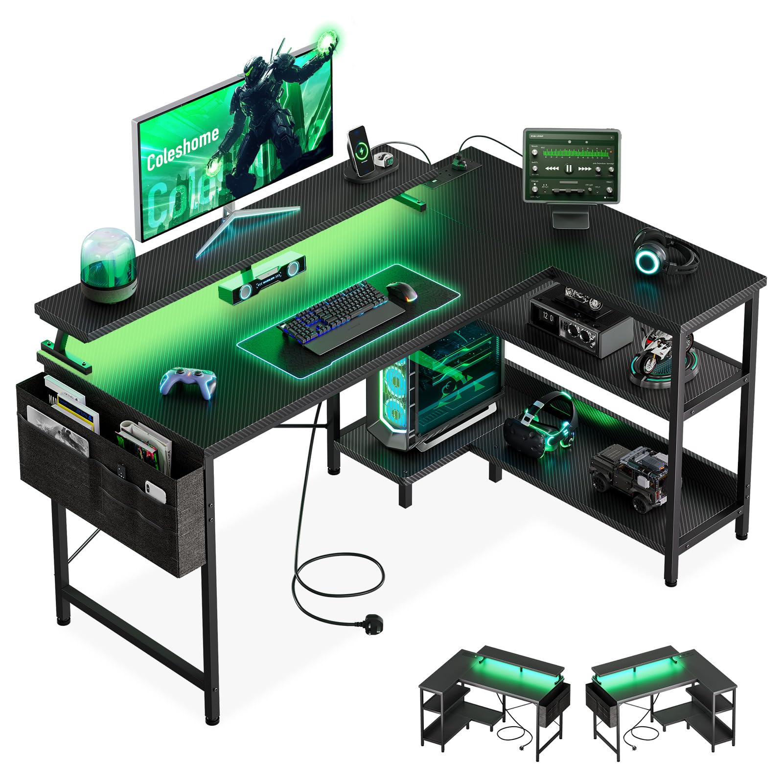 Coleshome L Shaped Gaming Desk with LED Lights, 100 × 70 cm Computer Desk with Power Outlet, Reversible Corner Gaming Table with Storage Shelves & Monitor Stand, Carbon Fiber Black