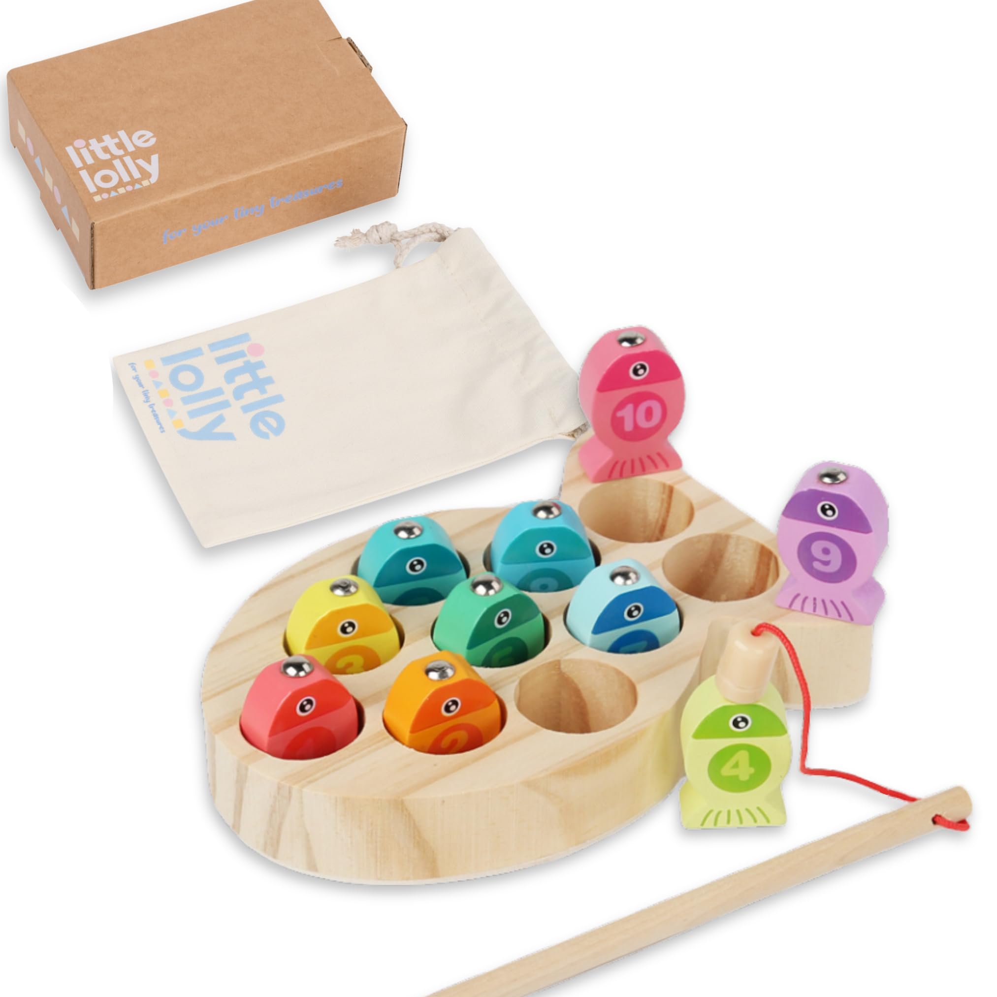 Wooden Magnetic Fishing Game for Toddlers, Red, Blue, Pink, Green, Purple, Orange, Yellow