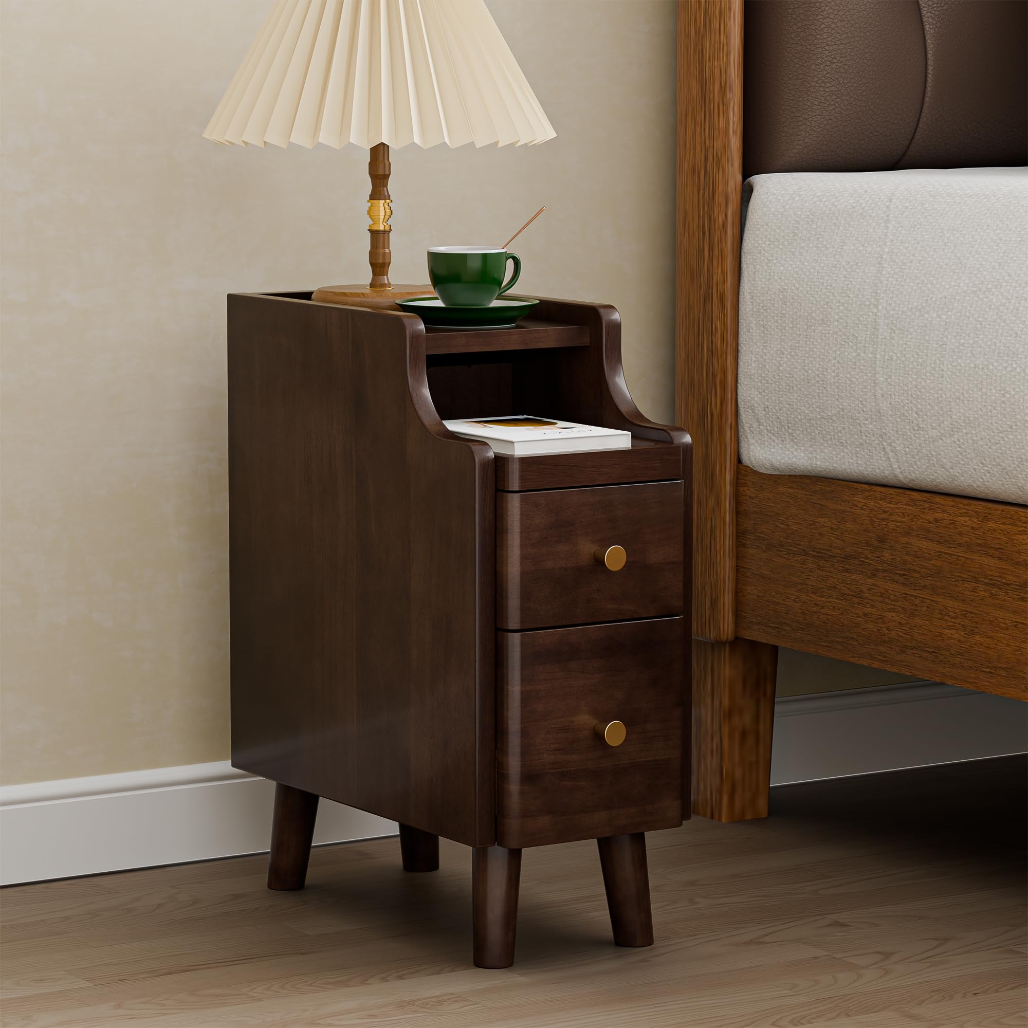 Nightstand, Pre-Assembled, 19.7“H Solid Wood Night Stand with 2 Drawers, Open Sliding Shelf, Mid Century Modern Small Bedside Table for Bedroom, Black Walnut 8"