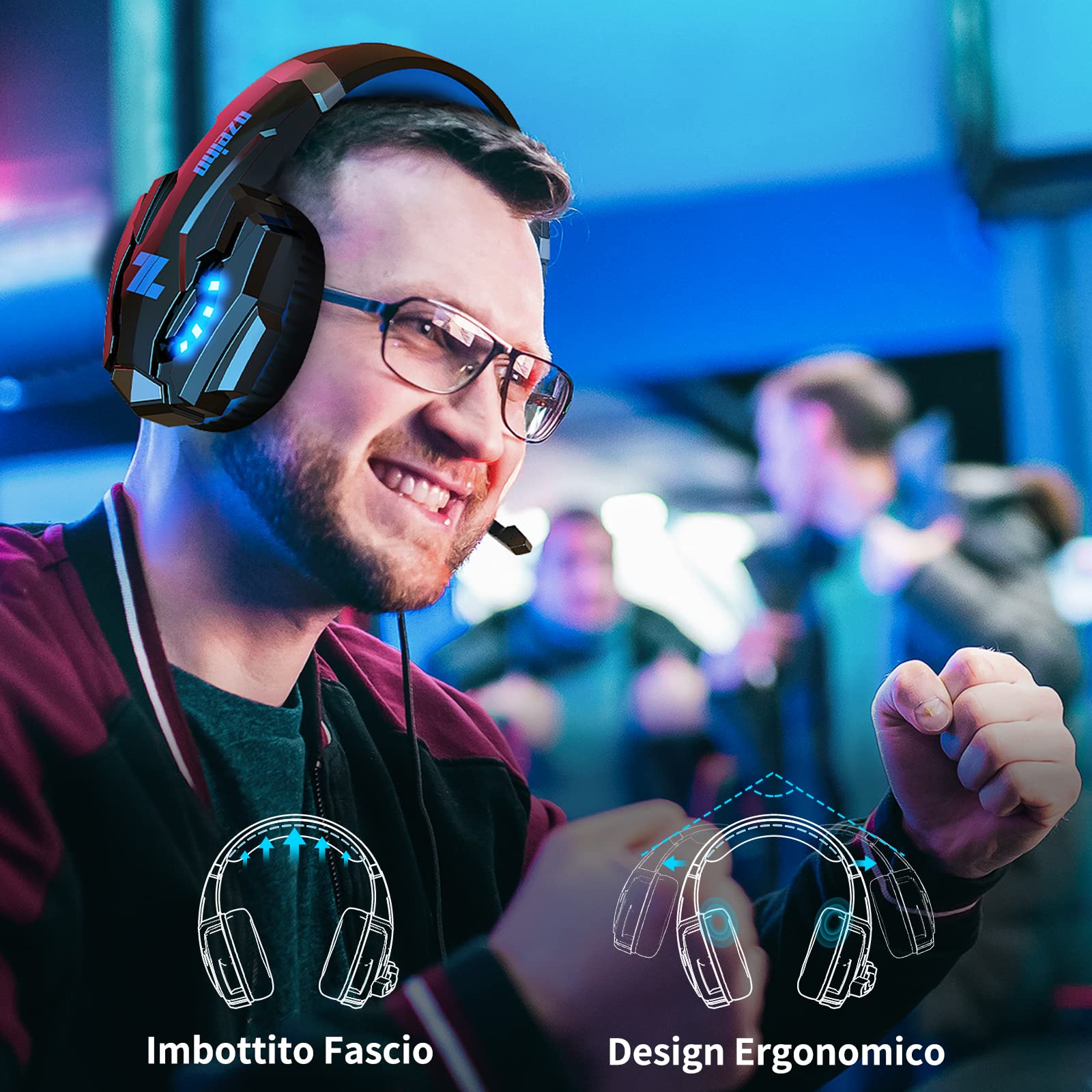 Ozeino Cuffie Gaming con Microfono per Ps4 Ps5 PC Xboxone, Cuffie con 50MM Driver, Microfono Cancellazione Rumore, Comode Cuffie di Grandi Dimensioni