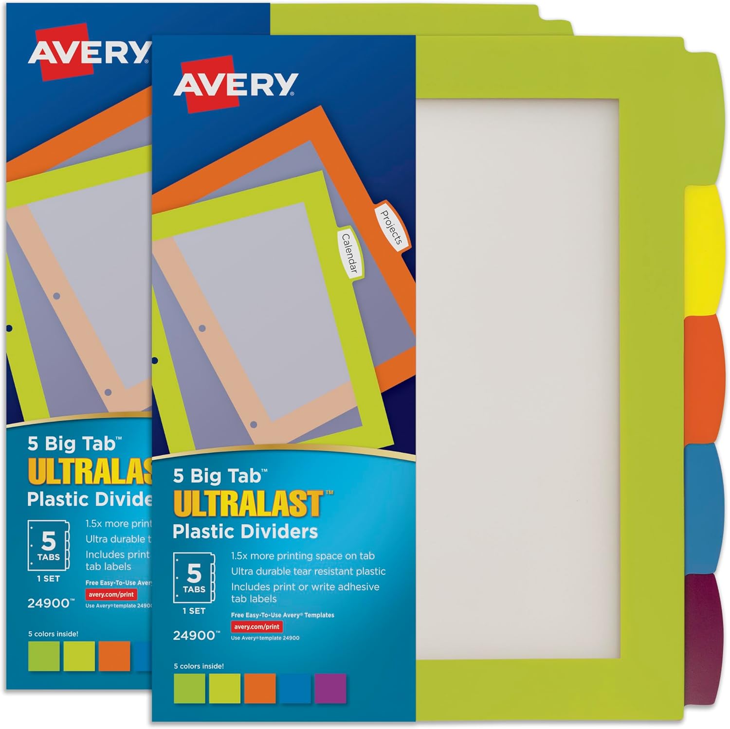 Avery Ultralast Big Tab Plastic Dividers for 3 Ring Binders, 5 Tab Set, Multicolor, 2 Sets (24900)