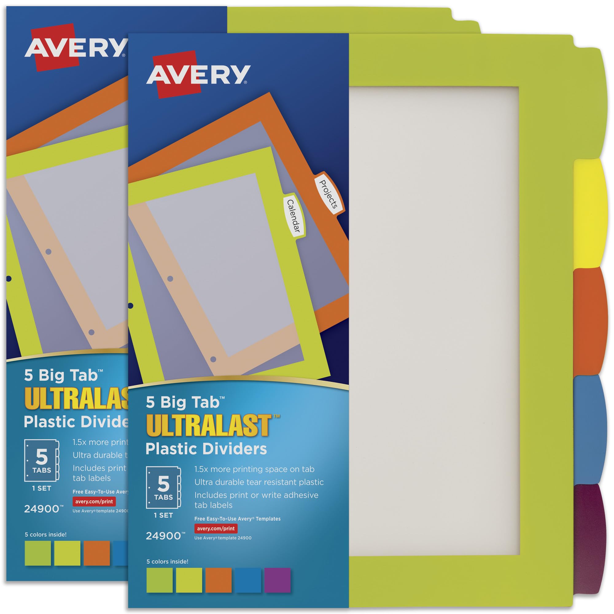 Avery Ultralast - Separadores de plástico con pestañas grandes para carpetas de 3 anillos, juego de 5 pestañas, multicolor, 2 juegos (24900)