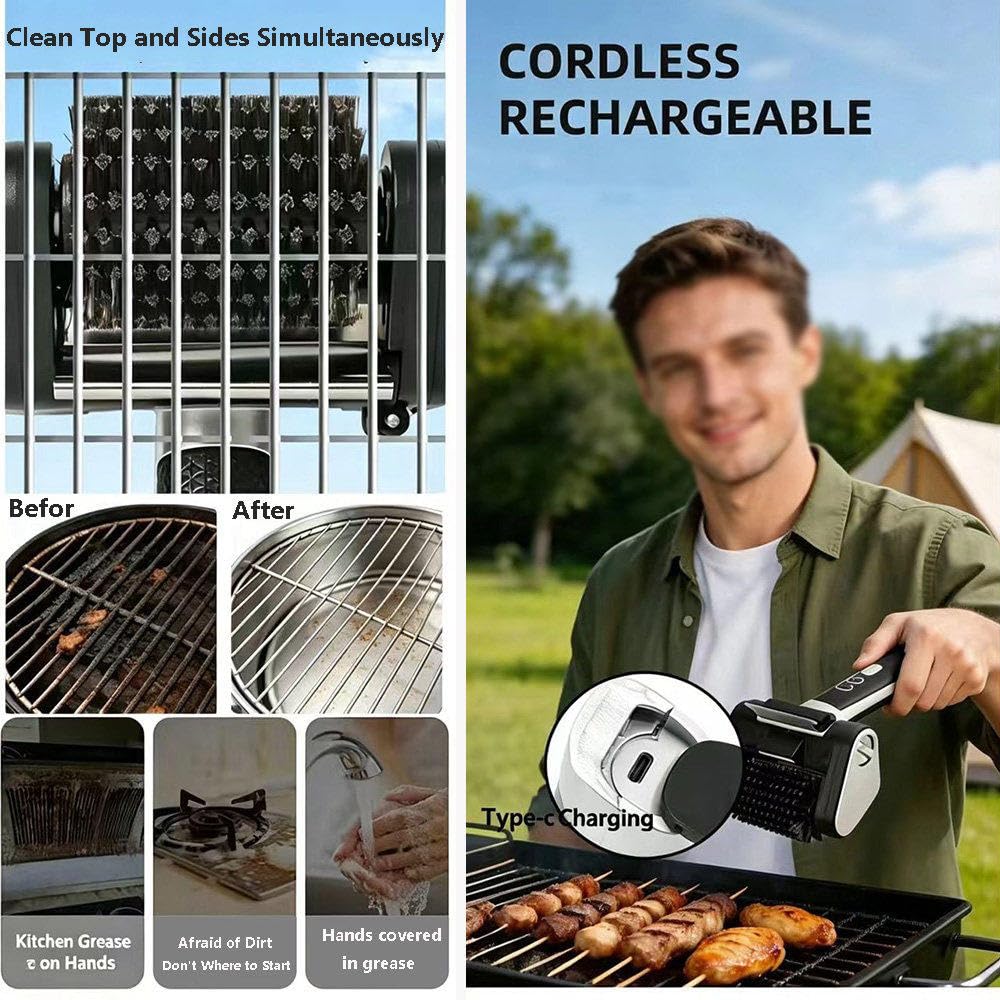 Spazzola Elettrica per Barbecue, Pulitore Cordless con Testina A Spazzola Rotante Sostituibile in Tessuto, Strumento di Pulizia Robusto con Luce LED, per Barbecue da Interno Ed Esterno
