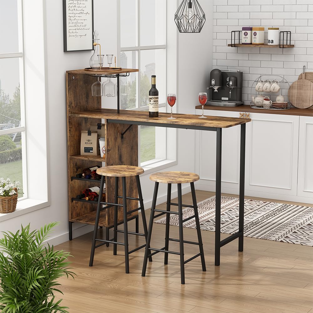 Vicco Set de Table de Bar Fyrk, Noir/chêne Rustique, 121.5x40cm avec 2 tabourets, Convient comme Coin Repas avec Surfaces de Rangement pour Le Stockage