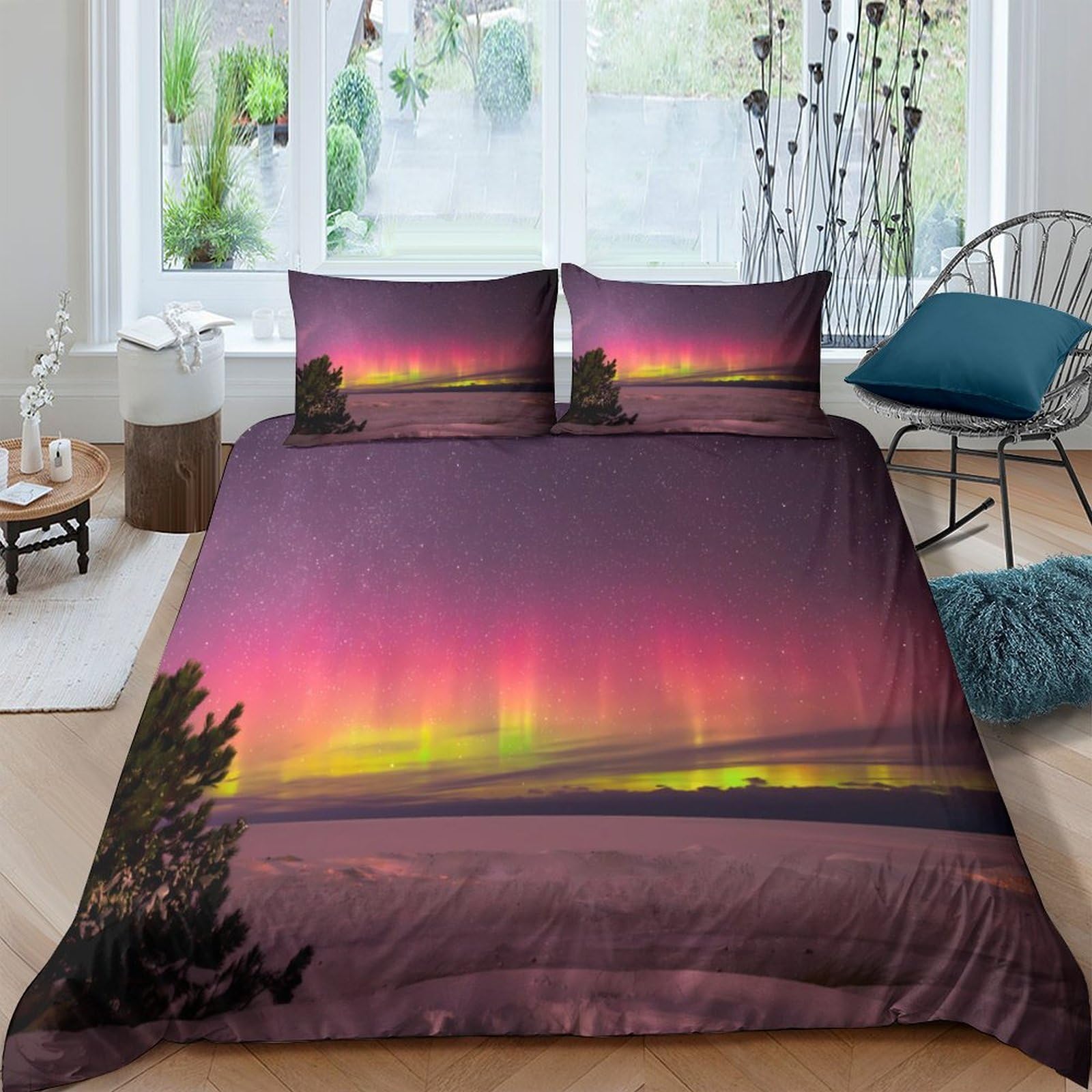 GPLZQXKJNH 3D Printed Aurora Night Sky Duvet Cover Microfiber Soft Breathable Northern Lights Bedding Set with 2 Pillowcases for Bedroom Decor Single（135x200cm）