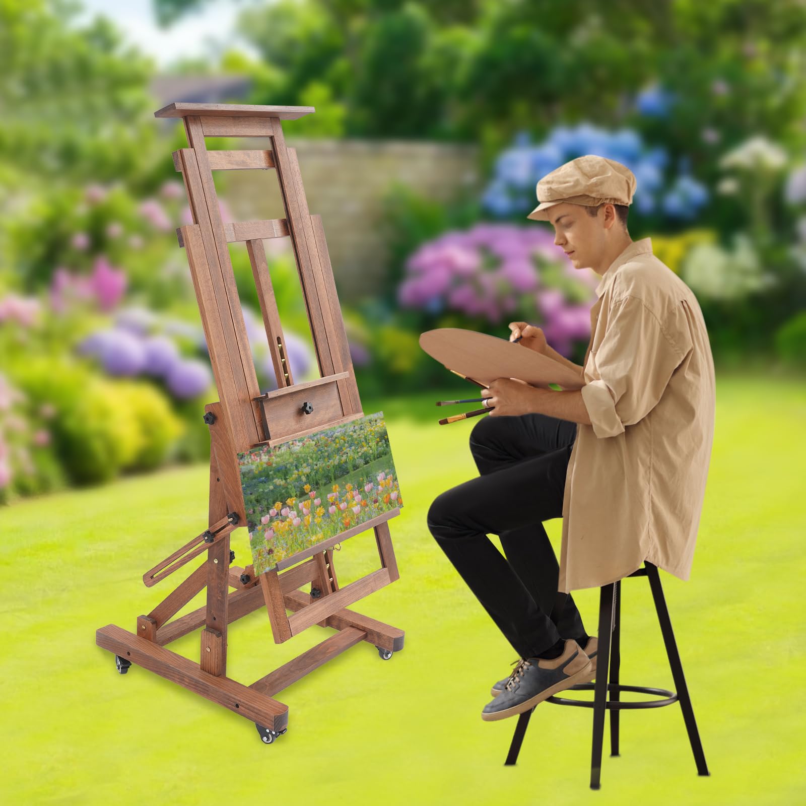 Caballete de estudio para pintar madera maciza artista profesional caballete con ruedas pintura arte soporte, 140-300 cm rango de ajuste de altura, horizontal y vertical