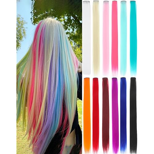 Colored Clip In Hair Extensions for Parties, Festivals, Night Out, Birthdays & Dress Up – No Dye No Damage, 12 PCS Reusable Synthetic Hair for Girls, Women & Teens Gift