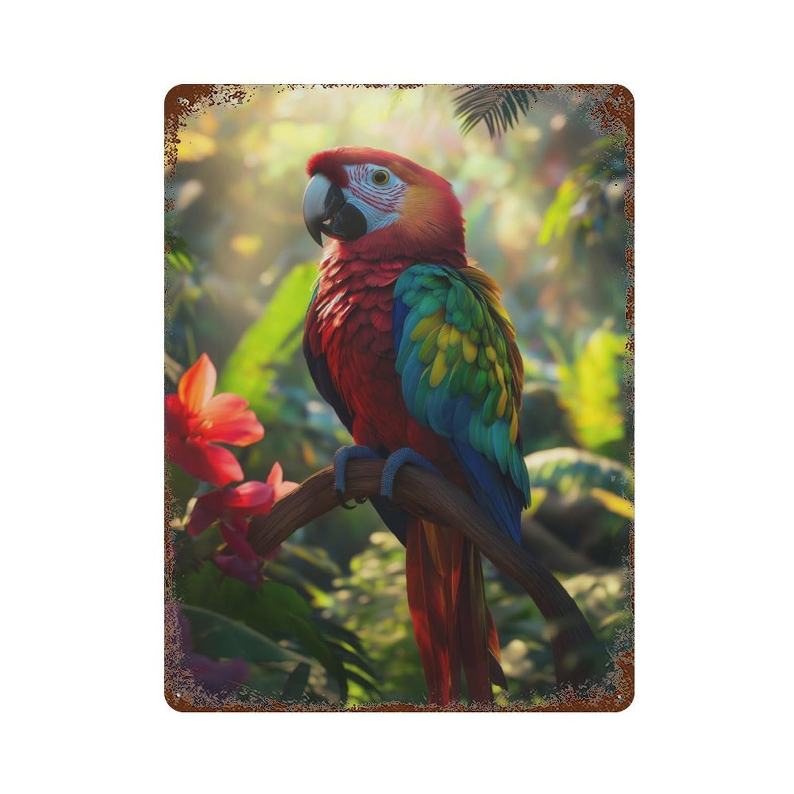 Scarlet Macaw Parrot in Jungle Retro Metal Sign 15.7"x11.8", for Pub, Kitchen And Man Cave Decor, Industrial Home Decor