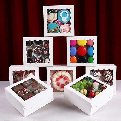 Miniatura 4 de JCXGRVC 55 cajas de panadería de 6 x 6 x 2.5 pulgadas con ventana, cajas de galletas pequeñas para tartas, cajas de macarrones, cajas para tartas,