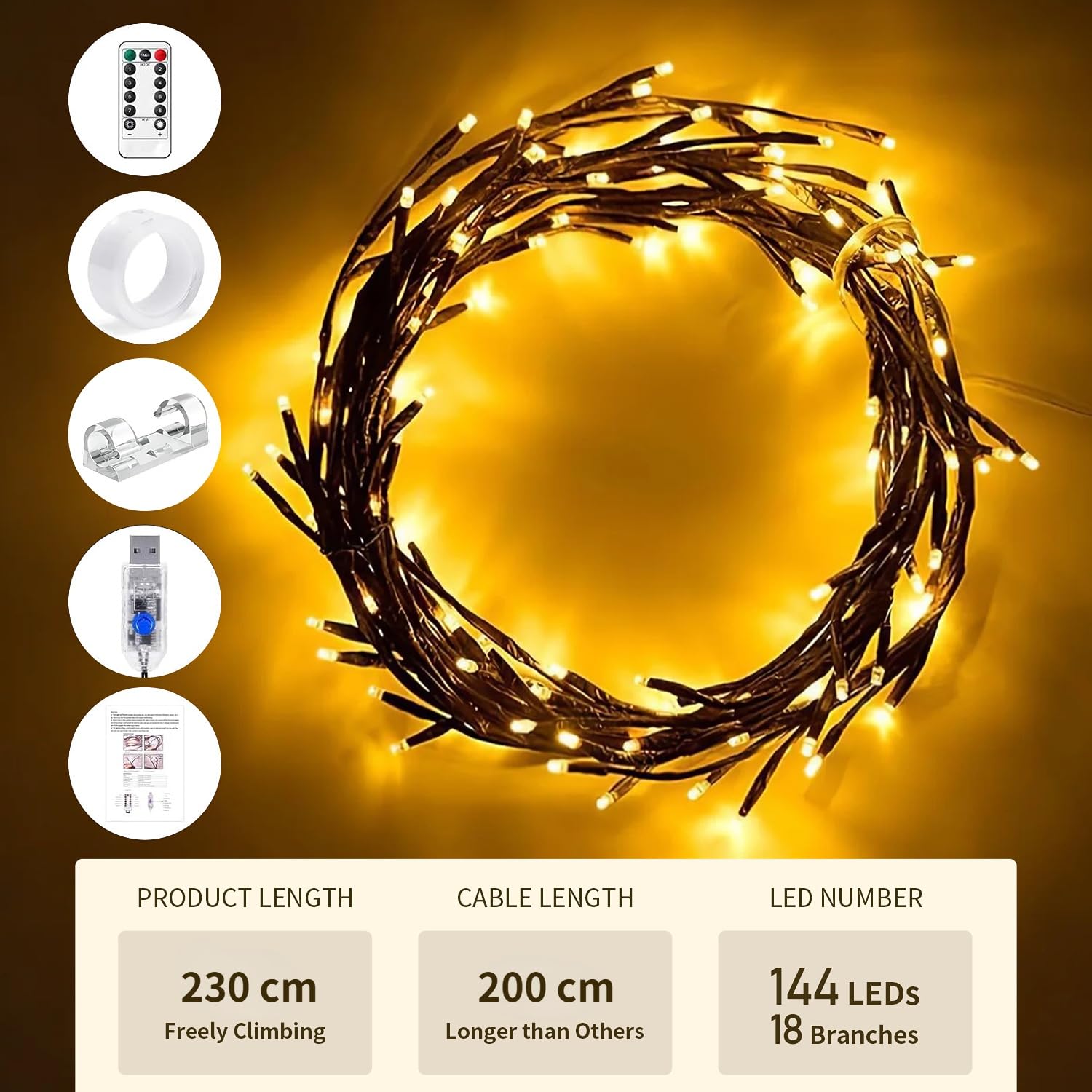 gresonic Catena luminosa Willow Vine, 8 modalità, USB, vite di salice con telecomando, timer, 144 LED pieghevoli, rami di alberi artificiali, decorazione da parete per interni (bianco caldo, 2pack)