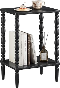 Small Side Table, 2-Tier Black Wooden End Table with Vintage Spindle Legs