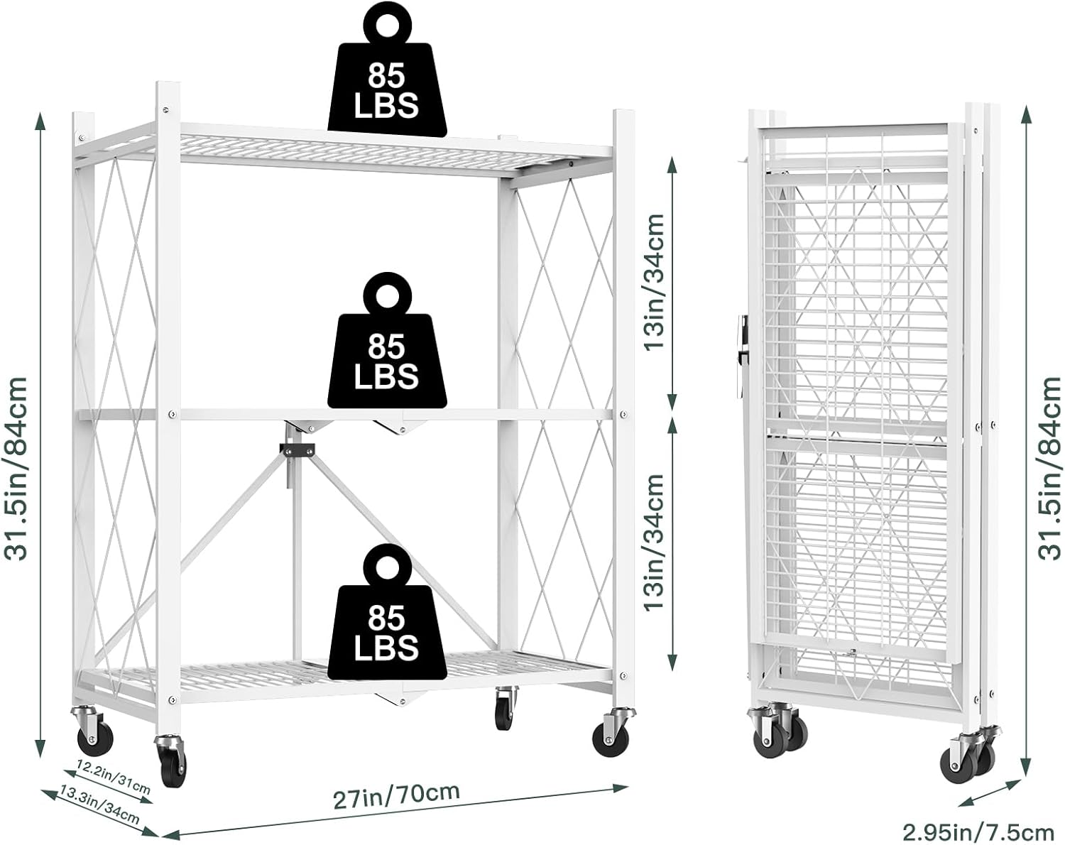 3 Tier Foldable Storage Shelves with Wheels -No Assembly Metal Folding Shelves Collapsible Shelving Unit Display Heavy Duty Rolling Shelf for Home Kitchen Office Room (White, 31.5" x 13" x 27")