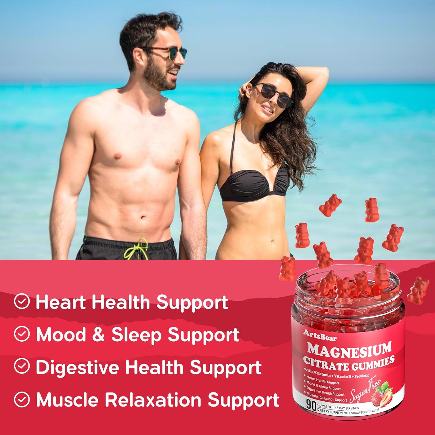 Magnesium Citrate Gummies 400 mg - Natural Sleep Aid & Calm Nervous System,Gentle Digestion Support,Bloating Relief,Vegan Magnesium Supplements for Adults Kids,Strawberry Flavor - 90 Counts - Image 2