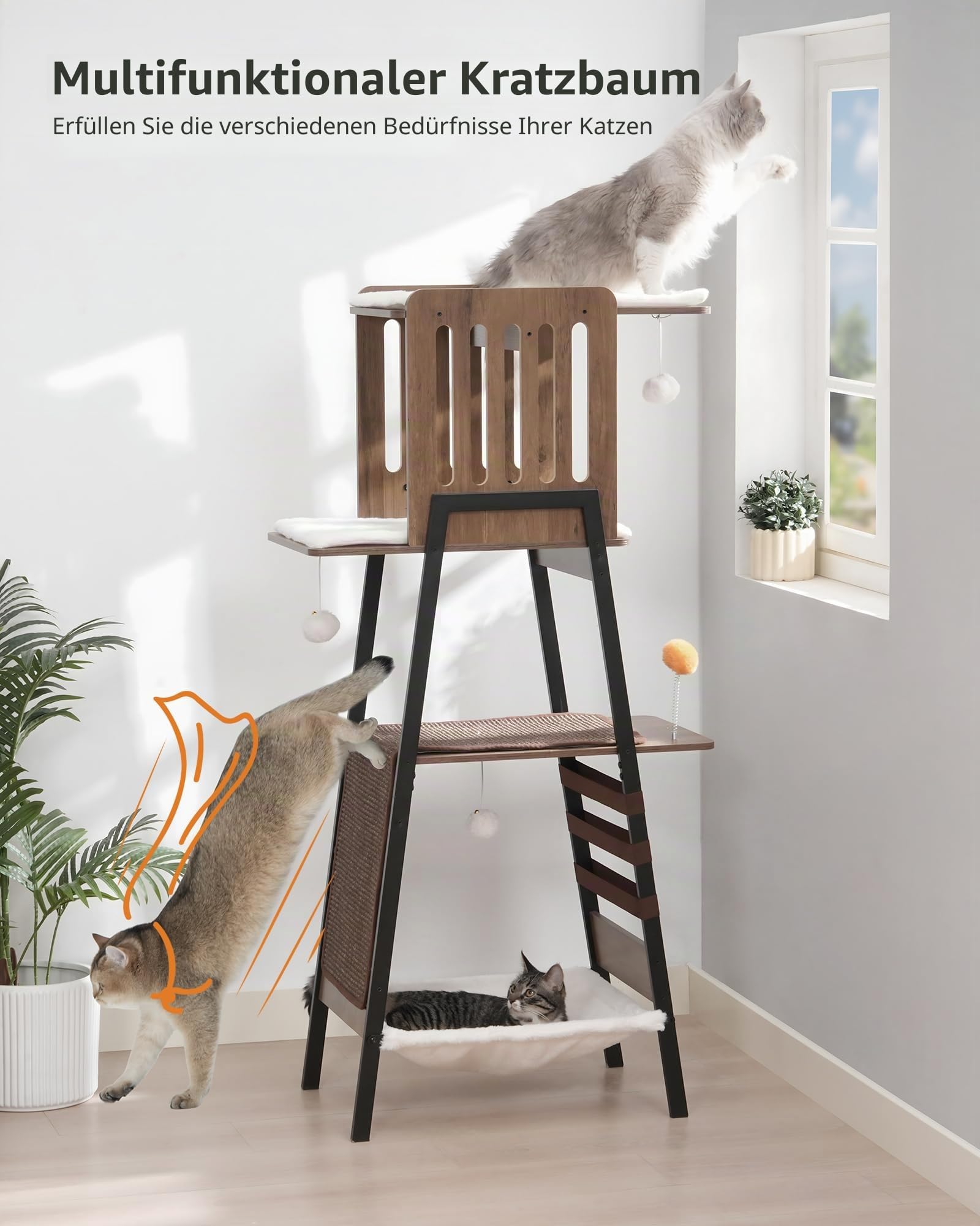 FourFurPets 147 cm Kratzbaum, Kratzbaum Grosse Katzen stabil, moderner katzenbaum für drinnen, hoher Katzenbaum mit Kratzbrett, Katzenturm Holz mit großer Plattform, Höhle, Greige