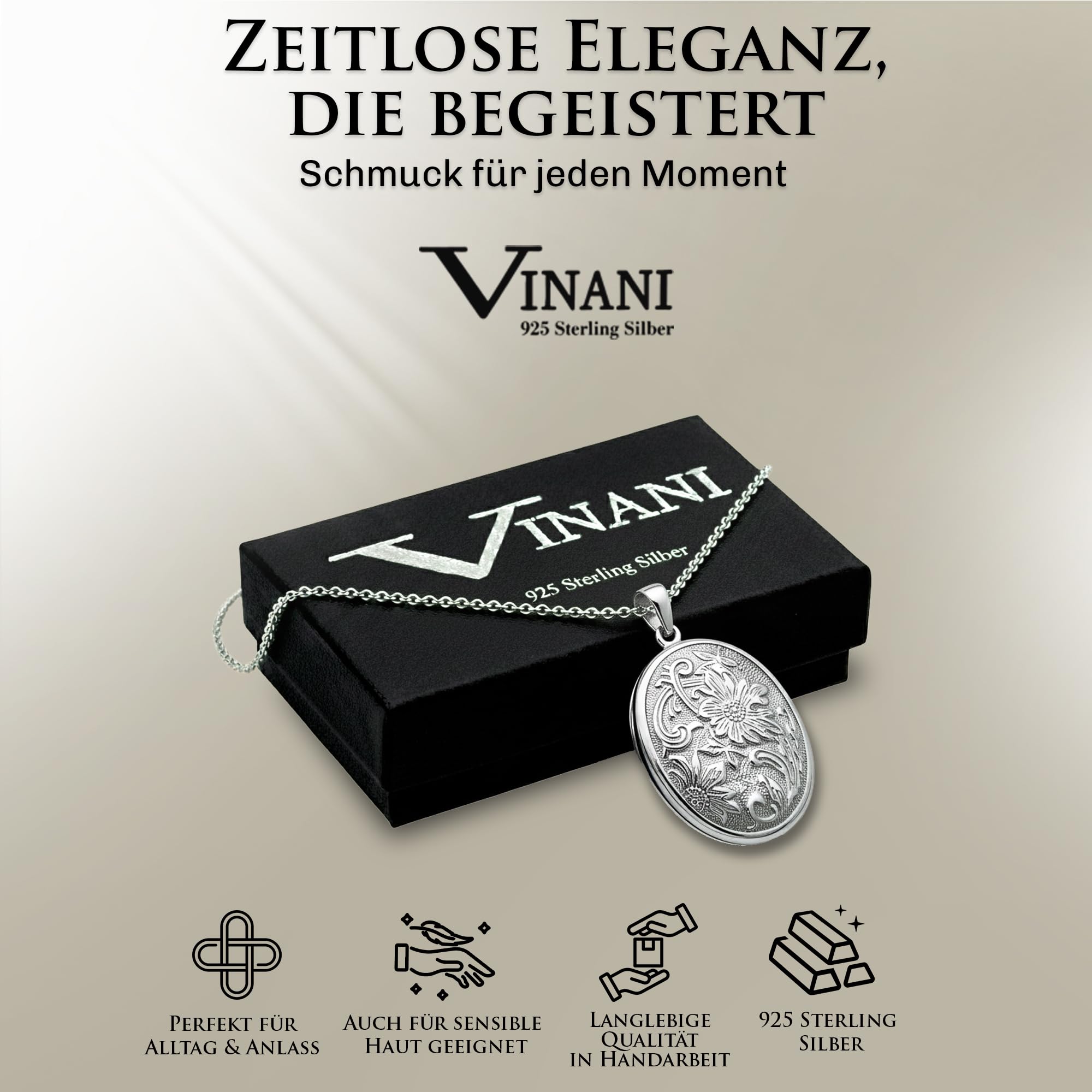 Vinani 2AMC-T - Medaglione ovale lucido con catenina in argento Sterling 925, ciondolo a forma di fiore
