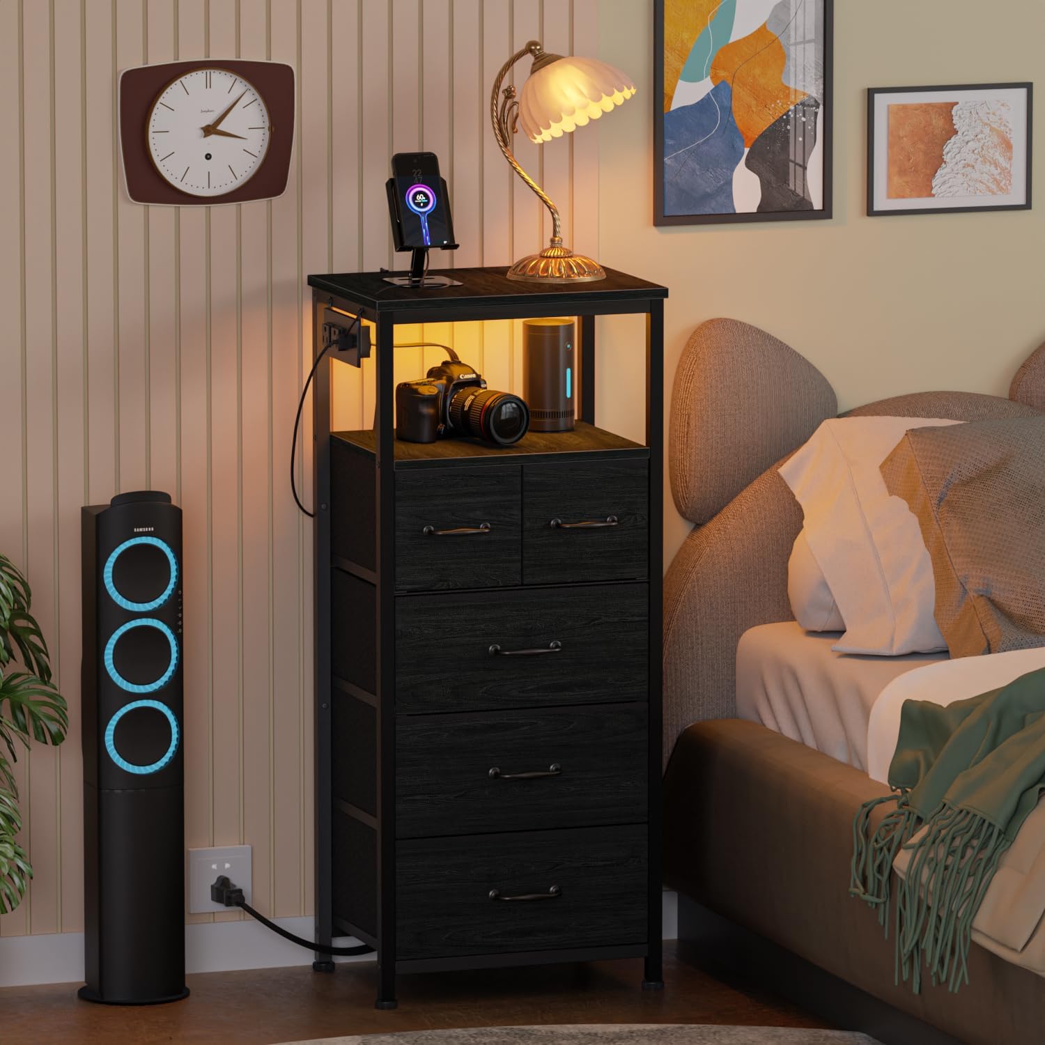 Furnulem Dresser and Nightstand Sets, Vertical Dresser with Charging Station and LED Lights + Night Stand with Charging Station
