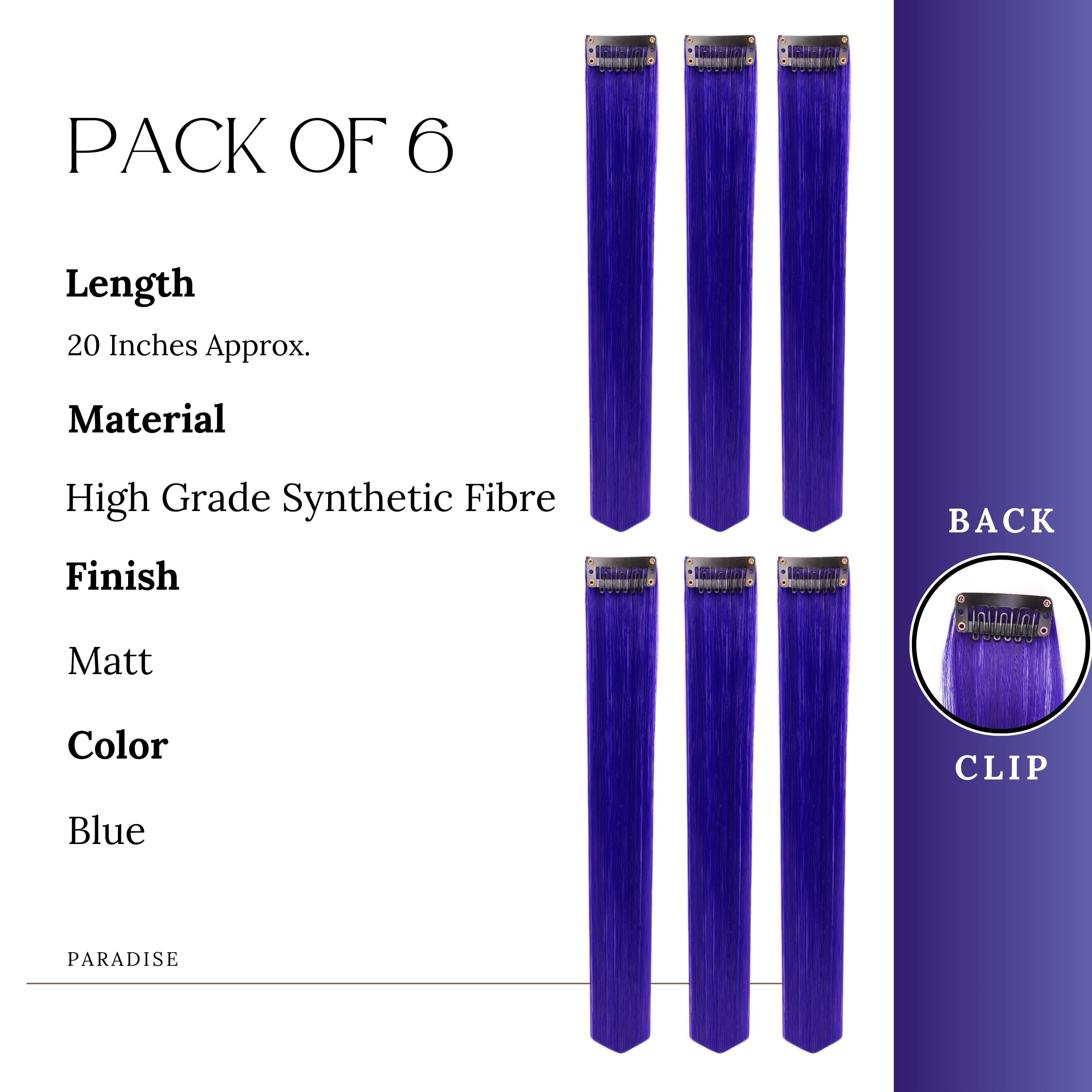 Paradise® Blue Hair Extensions 22 inches, Pack of 6 Clip-based Straight Colored Hair Streaks for Women & Girls, Party Funky Synthetic Hair Patches 4
