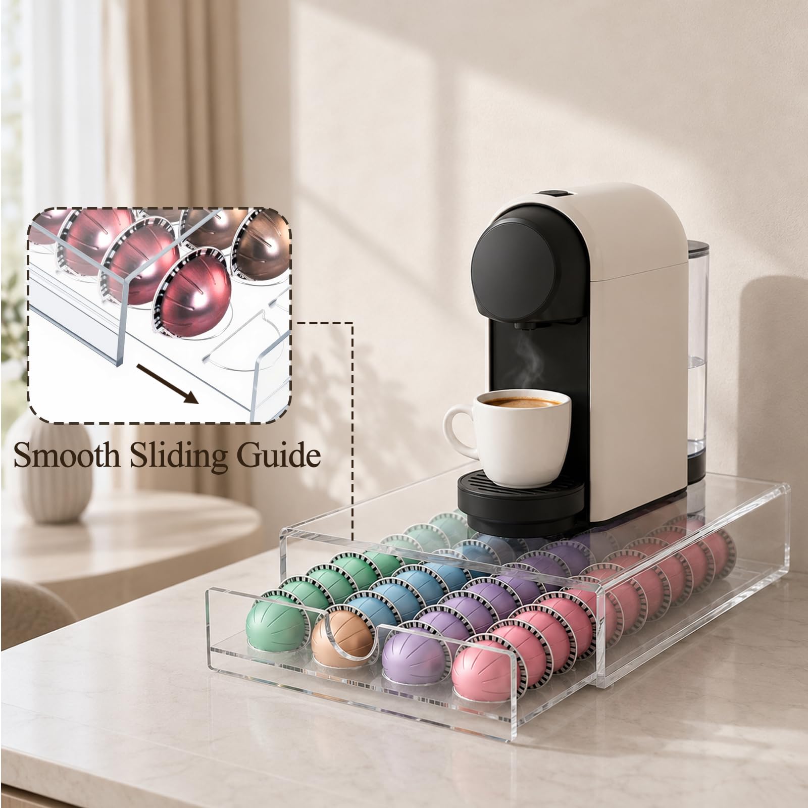 Soporte acrílico para cápsulas de café, 40 soportes transparentes para cápsulas Nespresso Vertuo, dispensador de cajones de cápsulas que ahorra espacio, soporte para máquina de café para