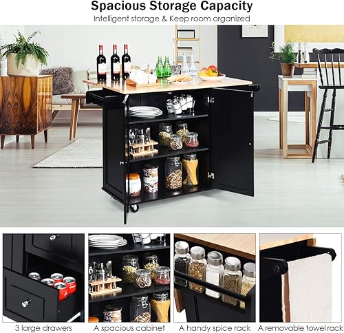 Miniatura 9 de Giantex Carrito de isla de cocina con mesa de hoja caída, carrito grande con armario y 3 cajones, toallero, organizador de utensilios de cocina y