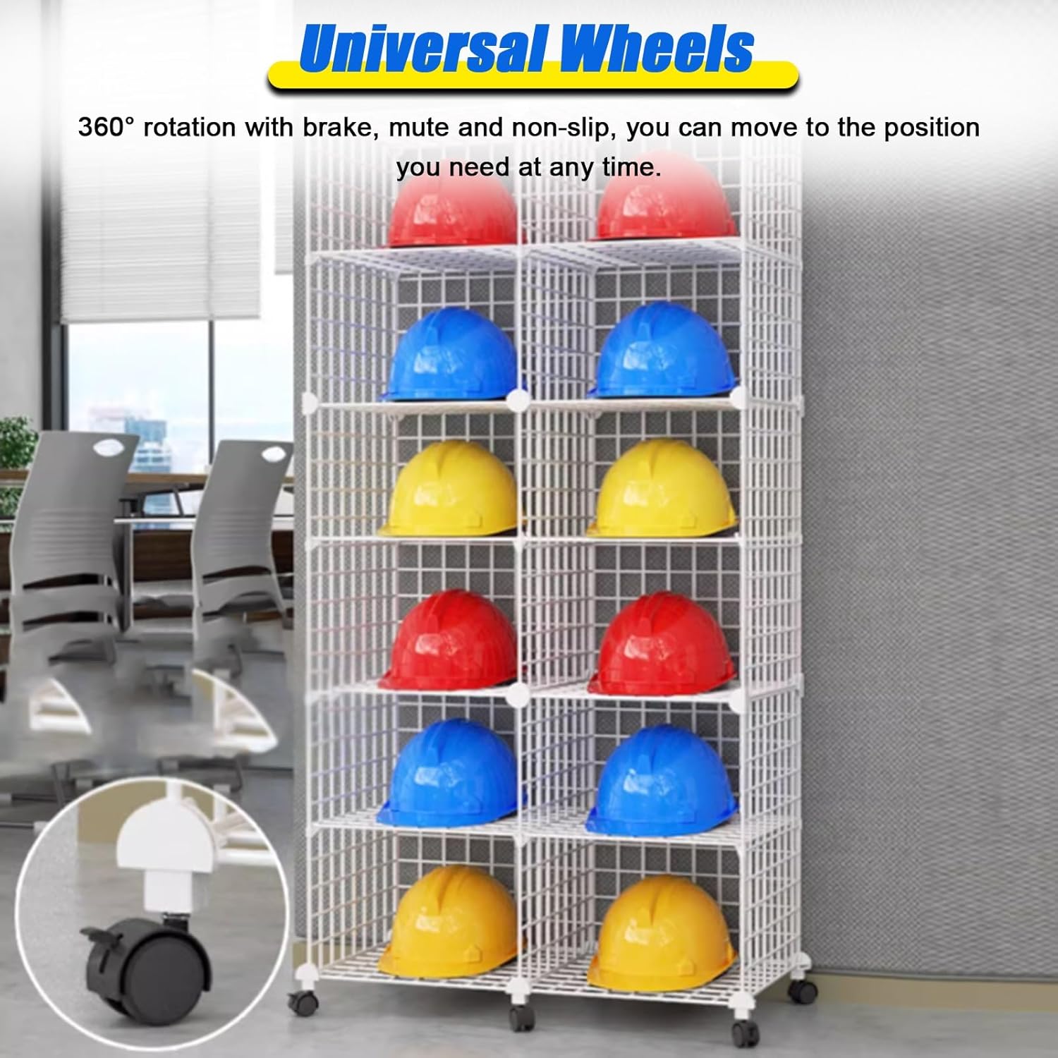 Stackable Safety Helmet Storage Boxes with Wheels, Adjustable Hard Hat Organizer Rack for Construction Sites, Workshop & Retail Display - Durable White Iron Wire, 24 Grids (144)