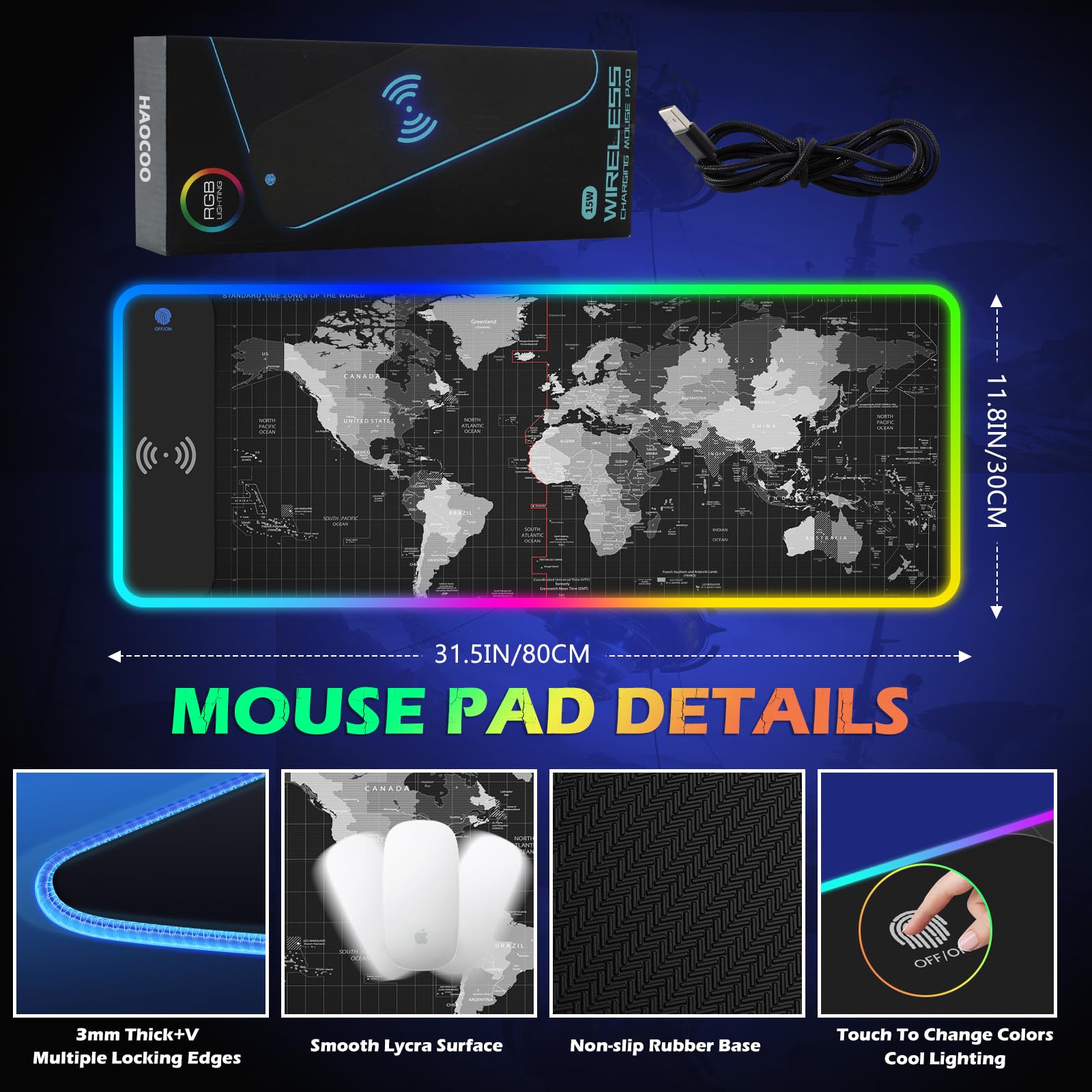 RGB Gaming Mouse Pad With 15W Fast Wireless Charger - Extended Non-Slip - View #2