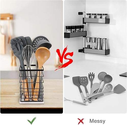 Miniatura 4 de Jeasor Soporte cuadrado para utensilios de cocina, estante de metal resistente para almacenamiento de encimera, organizador de herramientas de