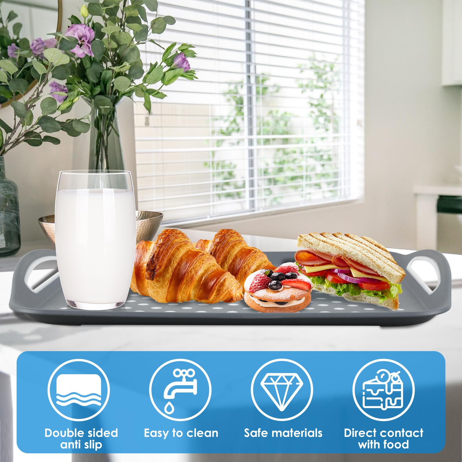 2Pcs Non-Slip Food Serving Tray with Handle 17.7×12.6 Inch Rectangle Gripping Nubs Food Trays Shatterproof Plastic Dinner Trays Non-Stick Food Platter Dishwasher Safe Lap Trays for Home Kitchen KTZCTP