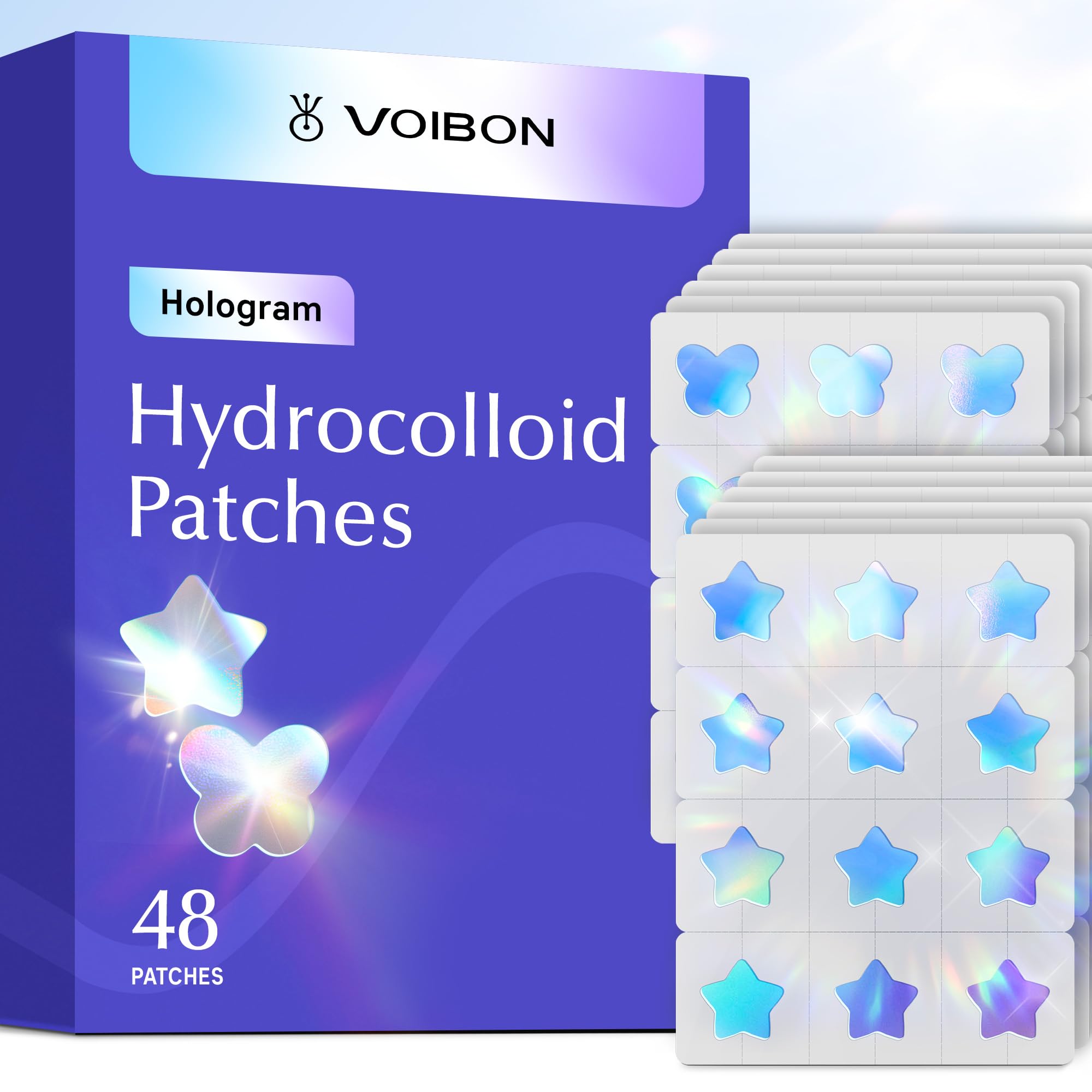 Voibon Hologram Pimple Patches for Face, Cute Hydrocolloid Acne Patches, Salicylic Acid & Tea Tree Colorful Star Spot Stickers,Zits & Blemish,Blue Butterfly,Star,Zit Patches 12MM(48 Count)