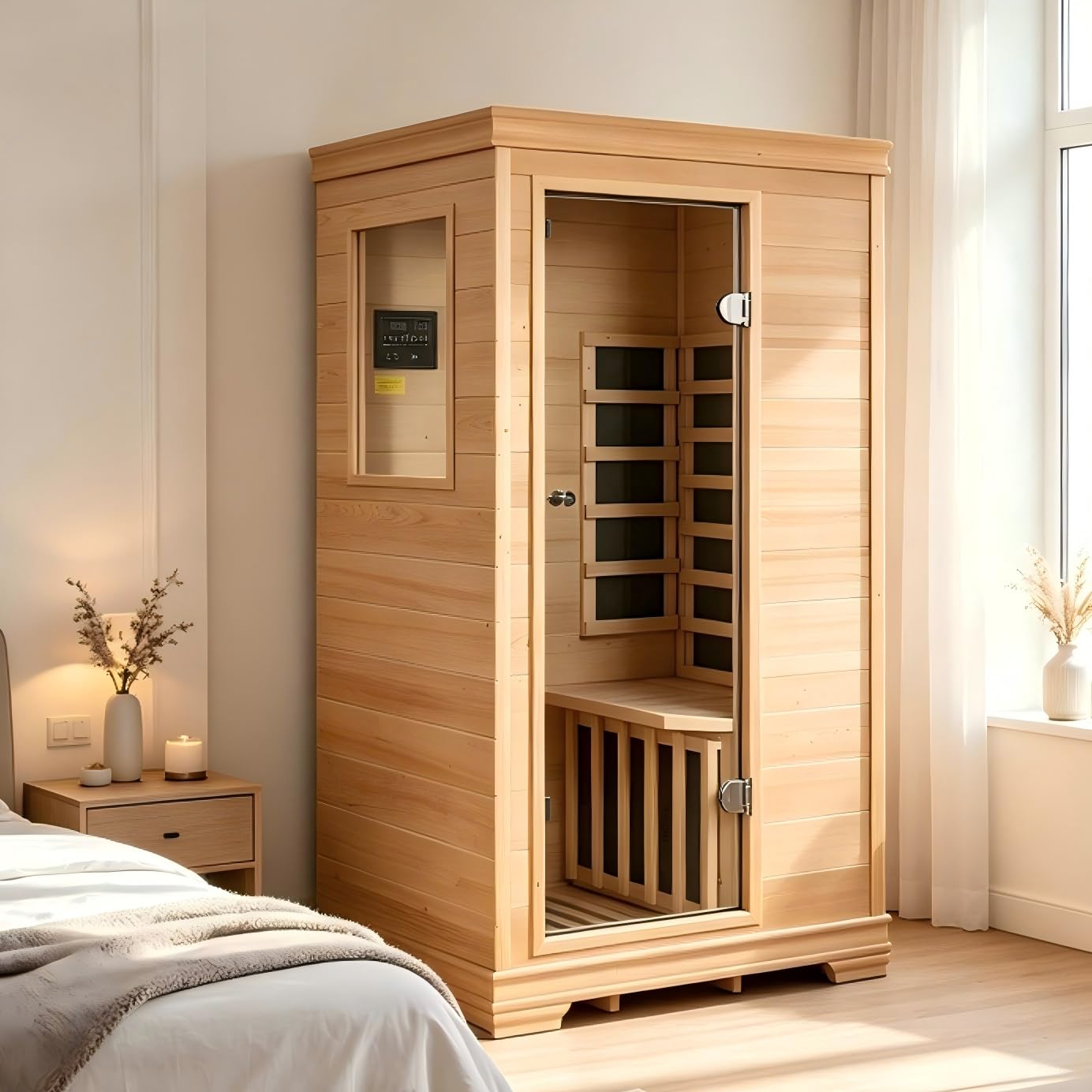 Infrared Sauna,Low EMF,1 Person Sauna,Hemlock Wood,Indoor Sauna